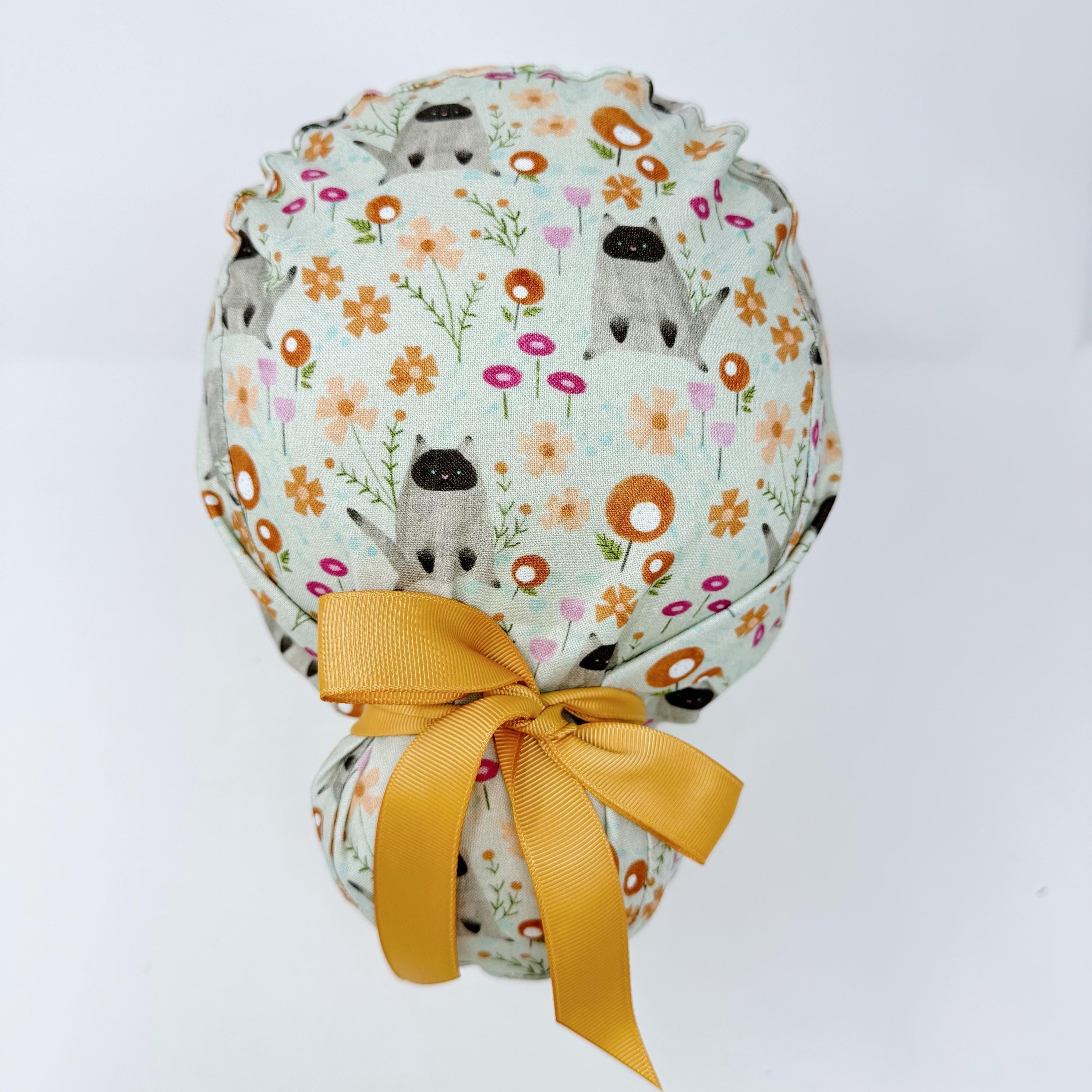 Cat Euro scrub cap with ties for Women, Summer European Surgical cap with Satin Lined Option by Paradise Caps. Euro PLUS style.