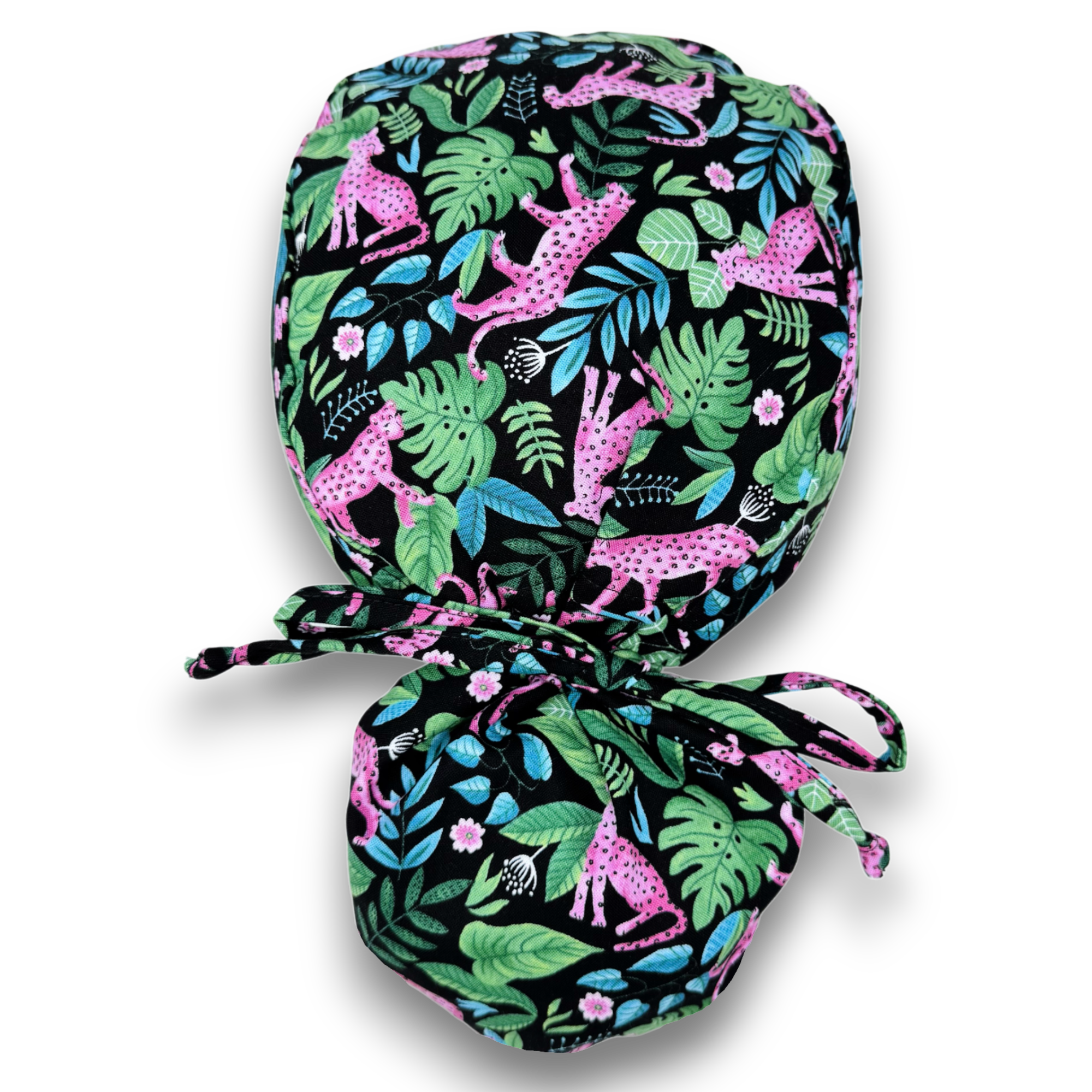Leopard Ponytail scrub cap for women with satin lined option by Paradise Caps.