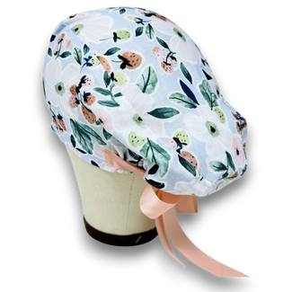Euro scrub cap with ties for Women, Strawberry Bloom European Surgical cap with Satin Lined by Paradise Caps. Euro PLUS style.