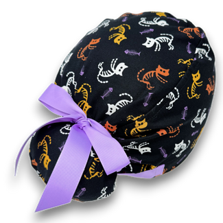 Skeleton Cat Euro scrub cap with ties for Women by Paradise Caps. Euro PLUS style.