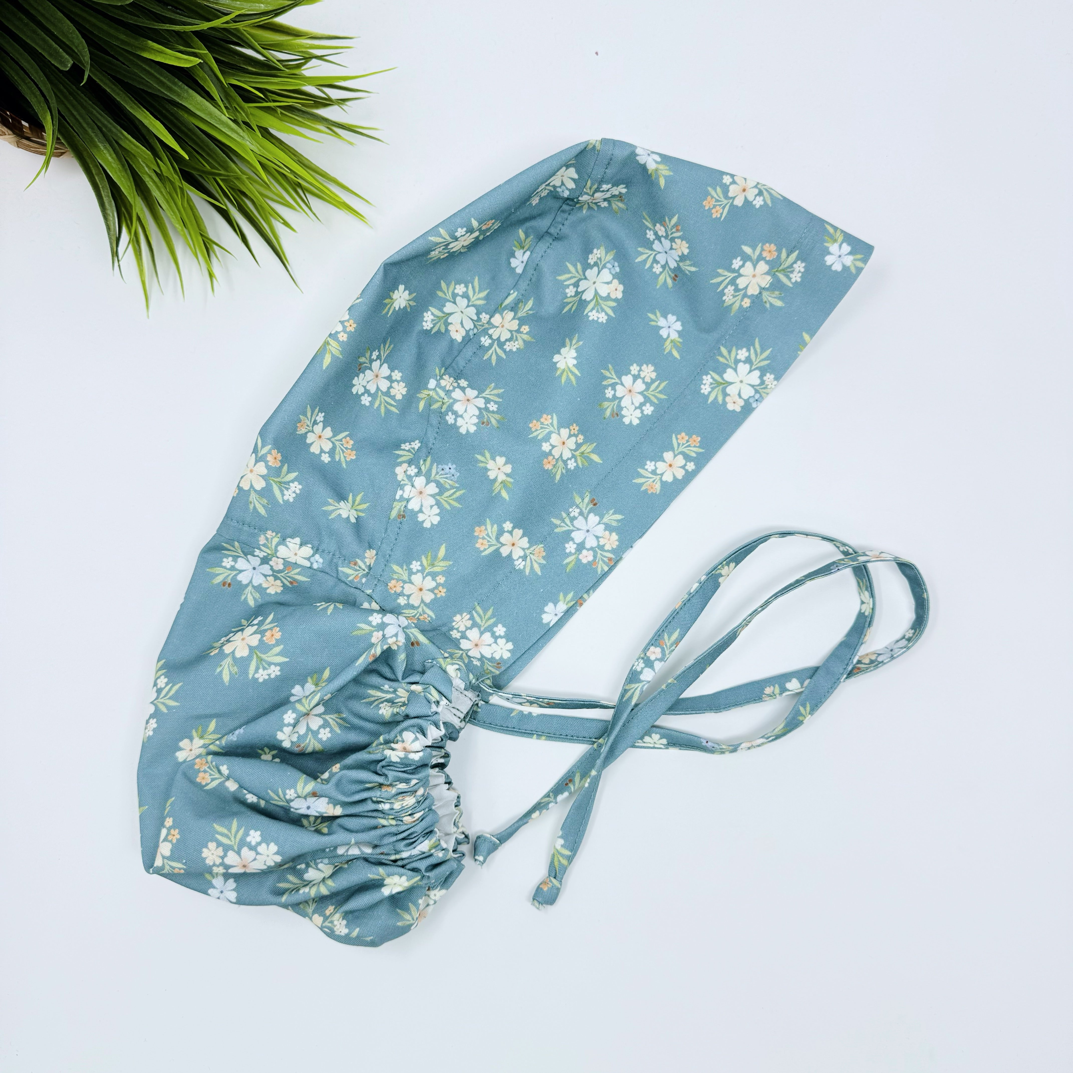 Sage Posies Ponytail scrub cap for women with satin lined option by Paradise Caps.