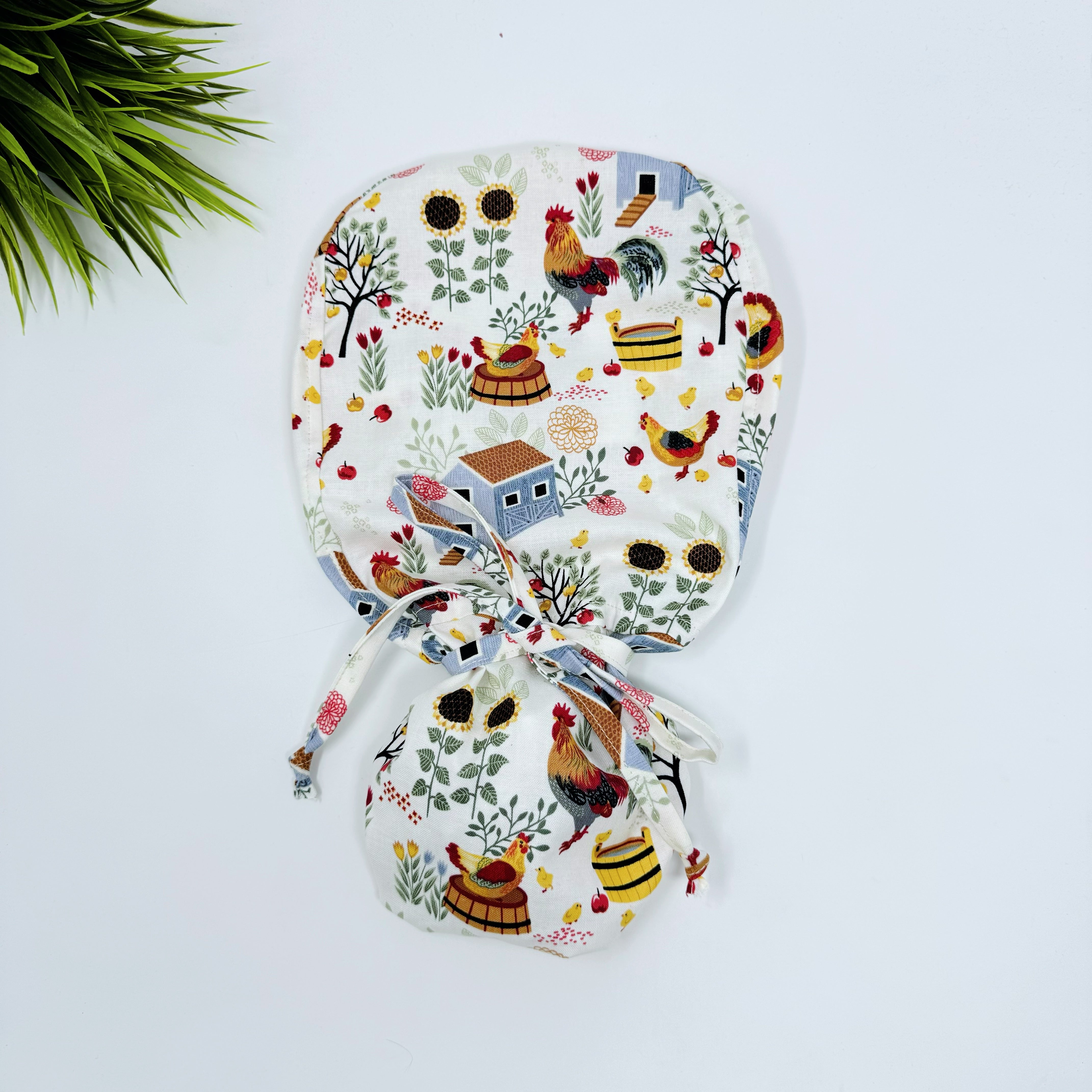 Chicken & Coop Ponytail scrub cap for women with satin lined option by Paradise Caps.