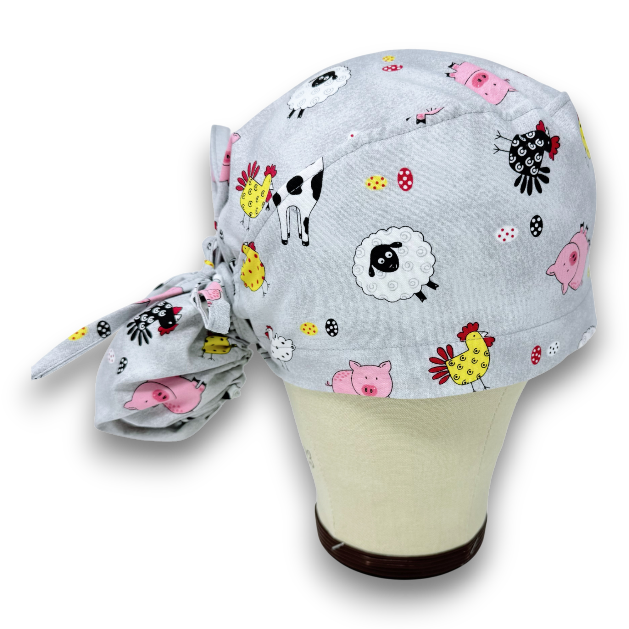 Farm Ponytail scrub cap for women. Cow Satin Lined Option Surgical cap with ponytail by Paradise Caps.