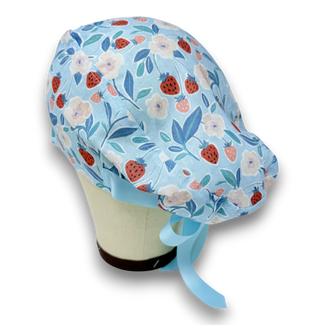 Strawberry Floral Euro scrub cap with ties for Women, Blue European Surgical cap with Satin Lined by Paradise Caps. Euro PLUS style.