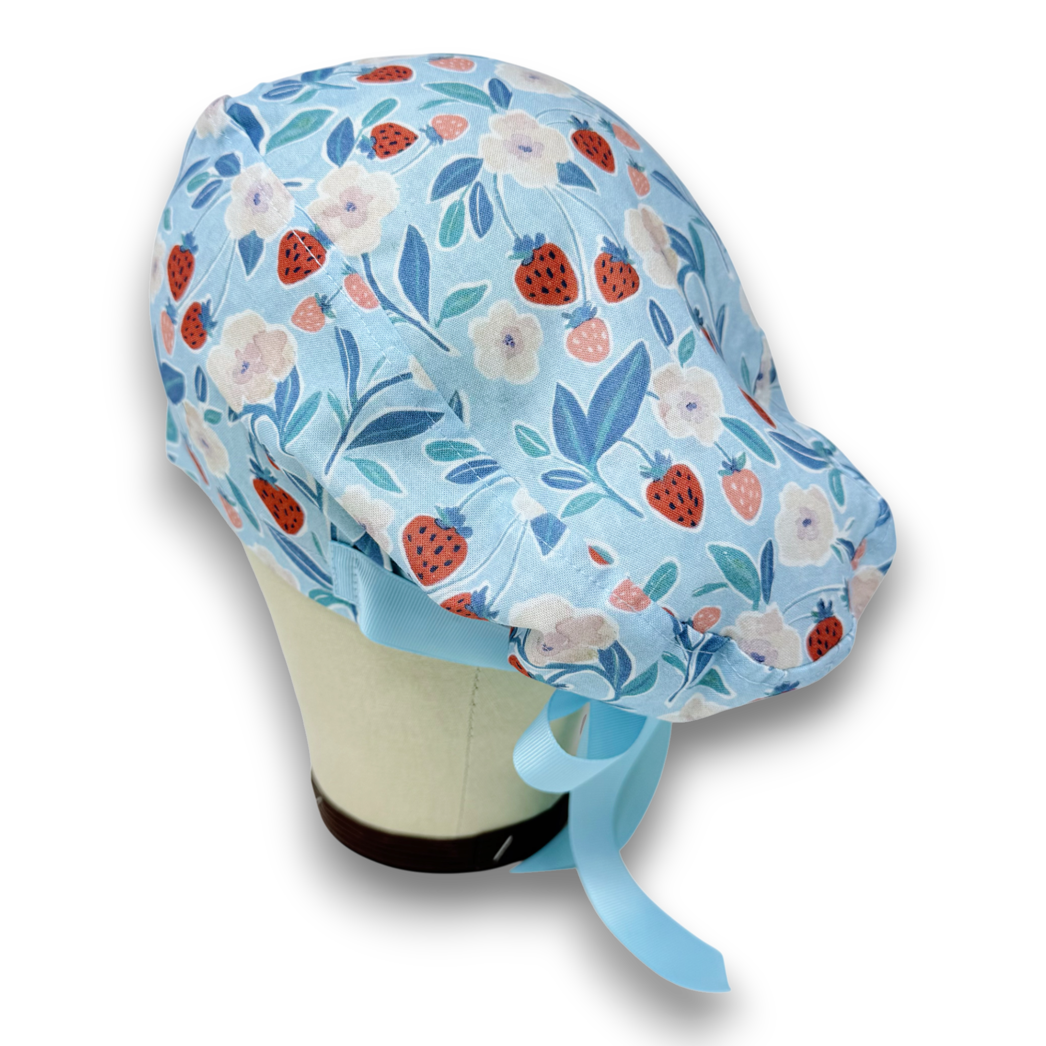Strawberry Floral Euro scrub cap with ties for Women, Blue European Surgical cap with Satin Lined by Paradise Caps. Euro PLUS style.