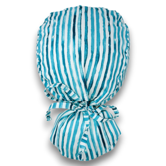 Blue Row Ponytail scrub cap for women with satin lined option by Paradise Caps.