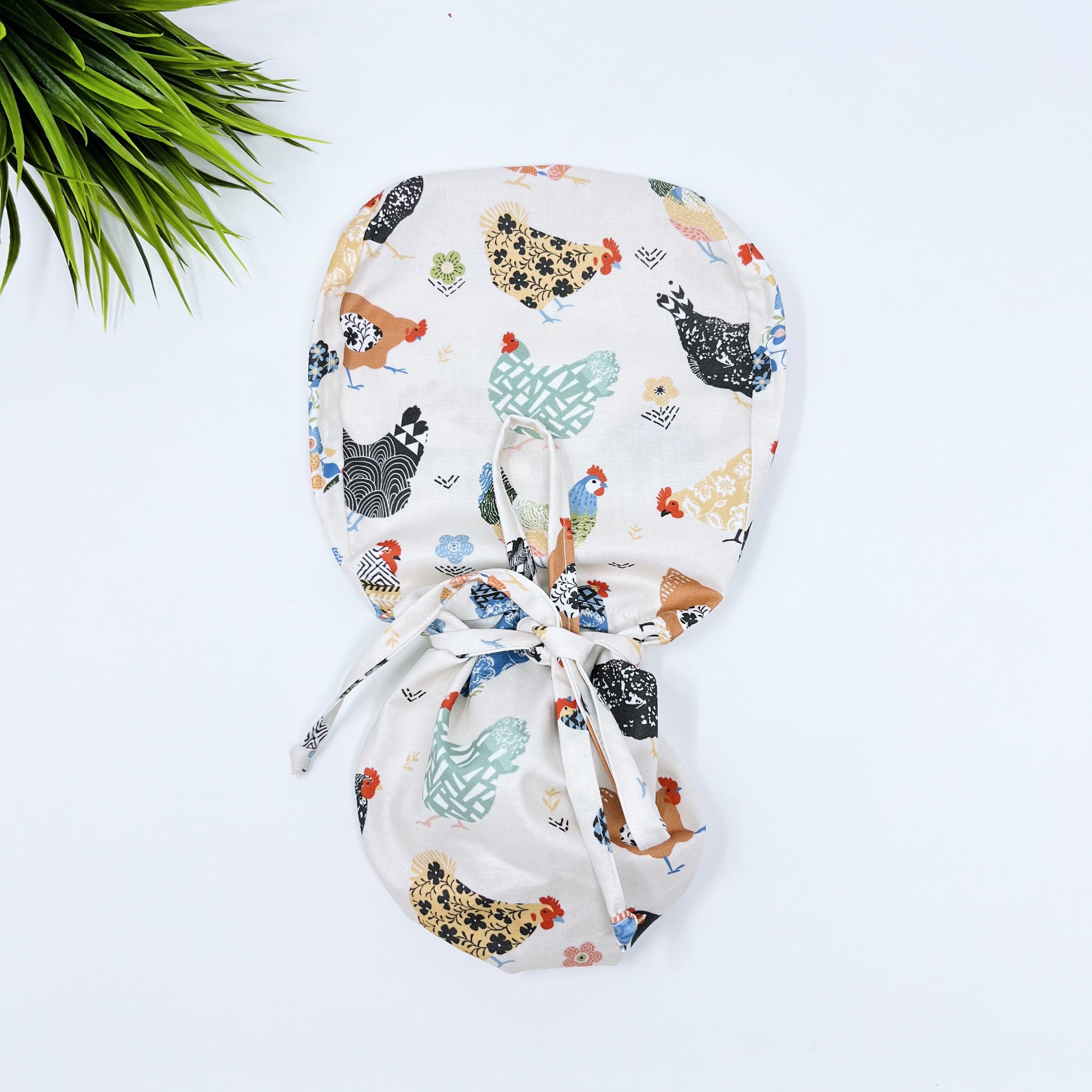 Chickens on ivory Ponytail scrub cap, Surgical cap women. Satin Lined Option Surgical cap with ponytail.
