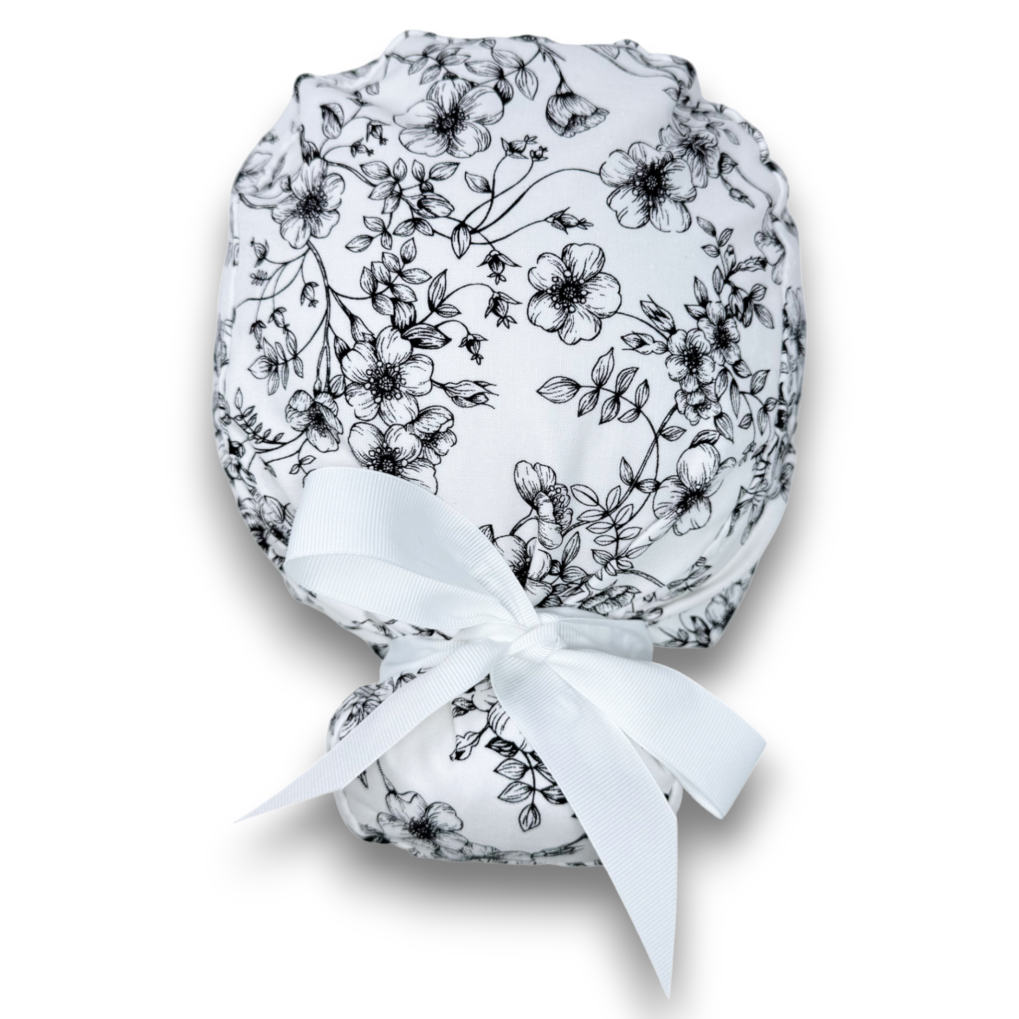 Flowers on white Euro PLUS style with ties Scrub Cap for Women, European Surgical cap with Satin Lined Option.