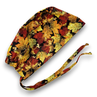 Fall leaves skull tie-back style surgical scrub cap for men by Paradise Caps.