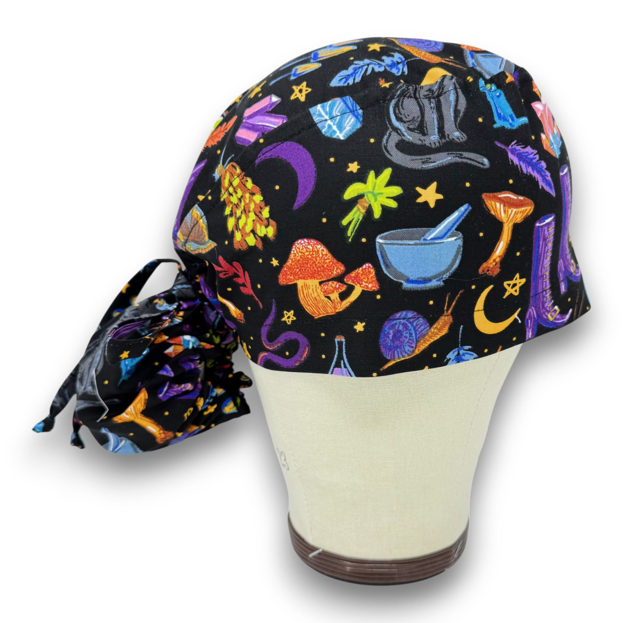 Halloween Witchy Icons Ponytail scrub cap for women with satin lined option by Paradise Caps.