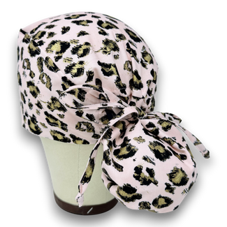 Pink leopard Ponytail scrub cap for women with satin lined option by Paradise Caps.