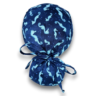 Ponytail scrub cap women. Ocean Seahorse Print Satin Lined option Ponytail scrub hat. Scrub caps for women by Paradise Caps.