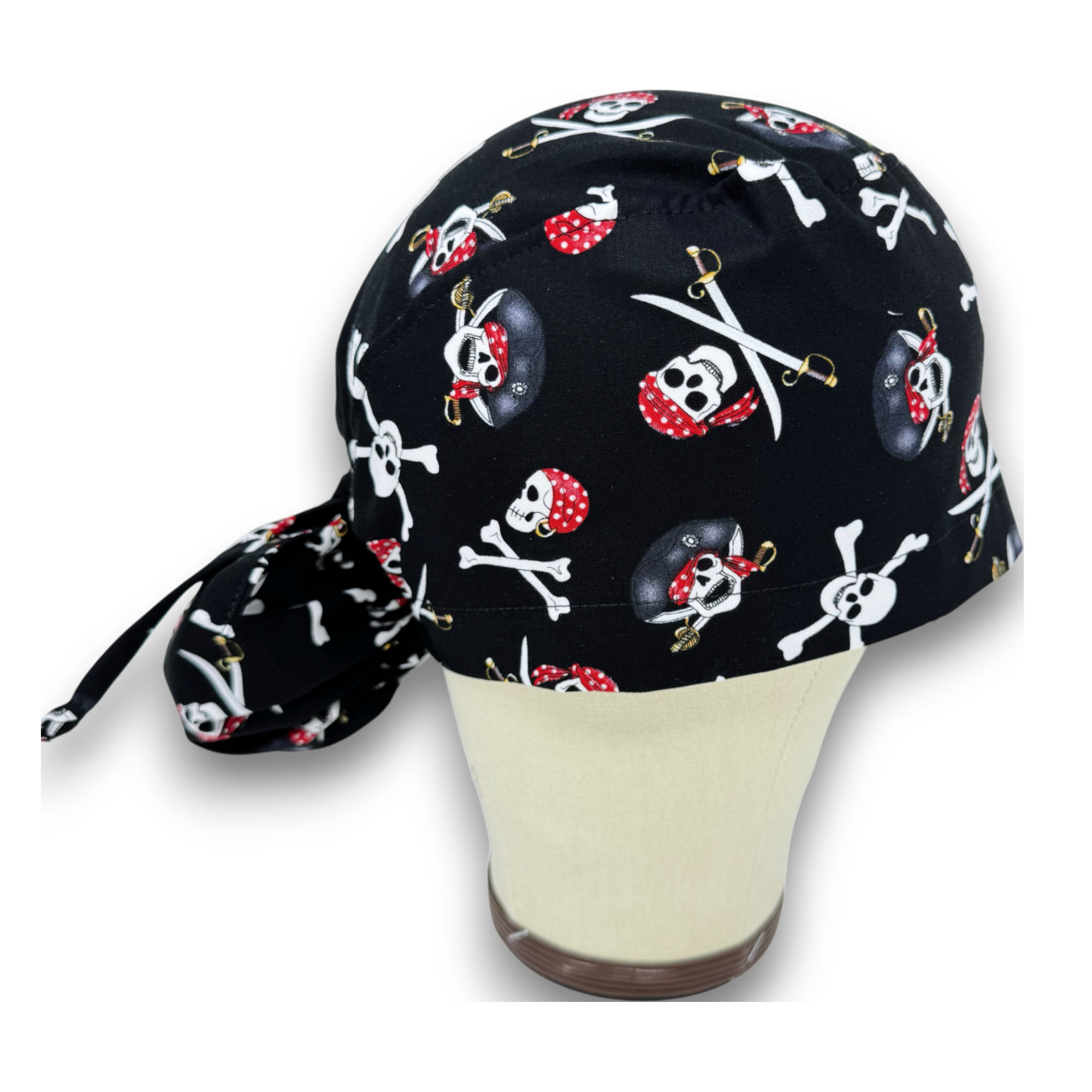 Halloween Ponytail scrub cap for women with Satin Lined option. Pirate Scrub hat for women by Paradise Caps.