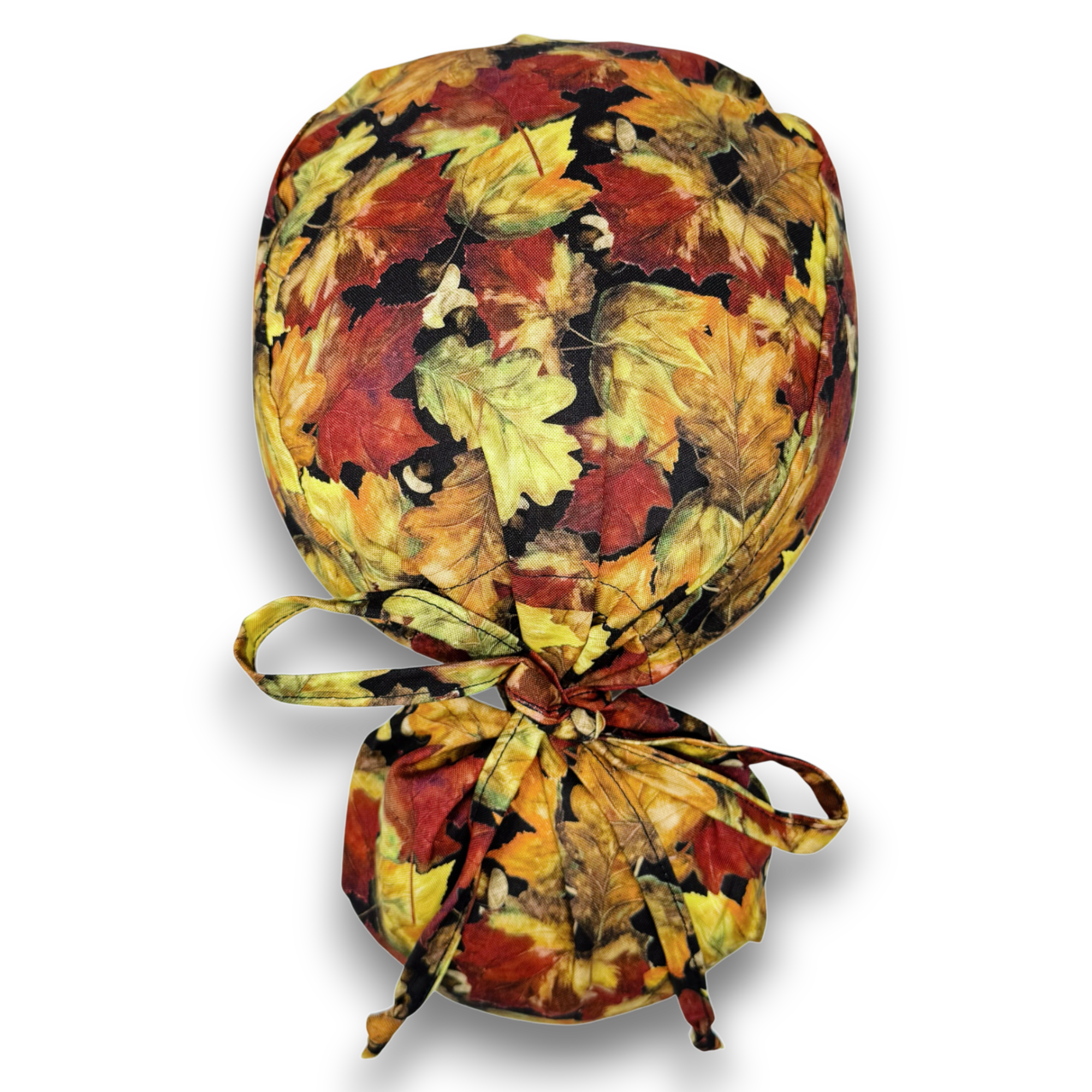 Fall leaves Ponytail scrub cap for women with satin lined option by Paradise Caps.