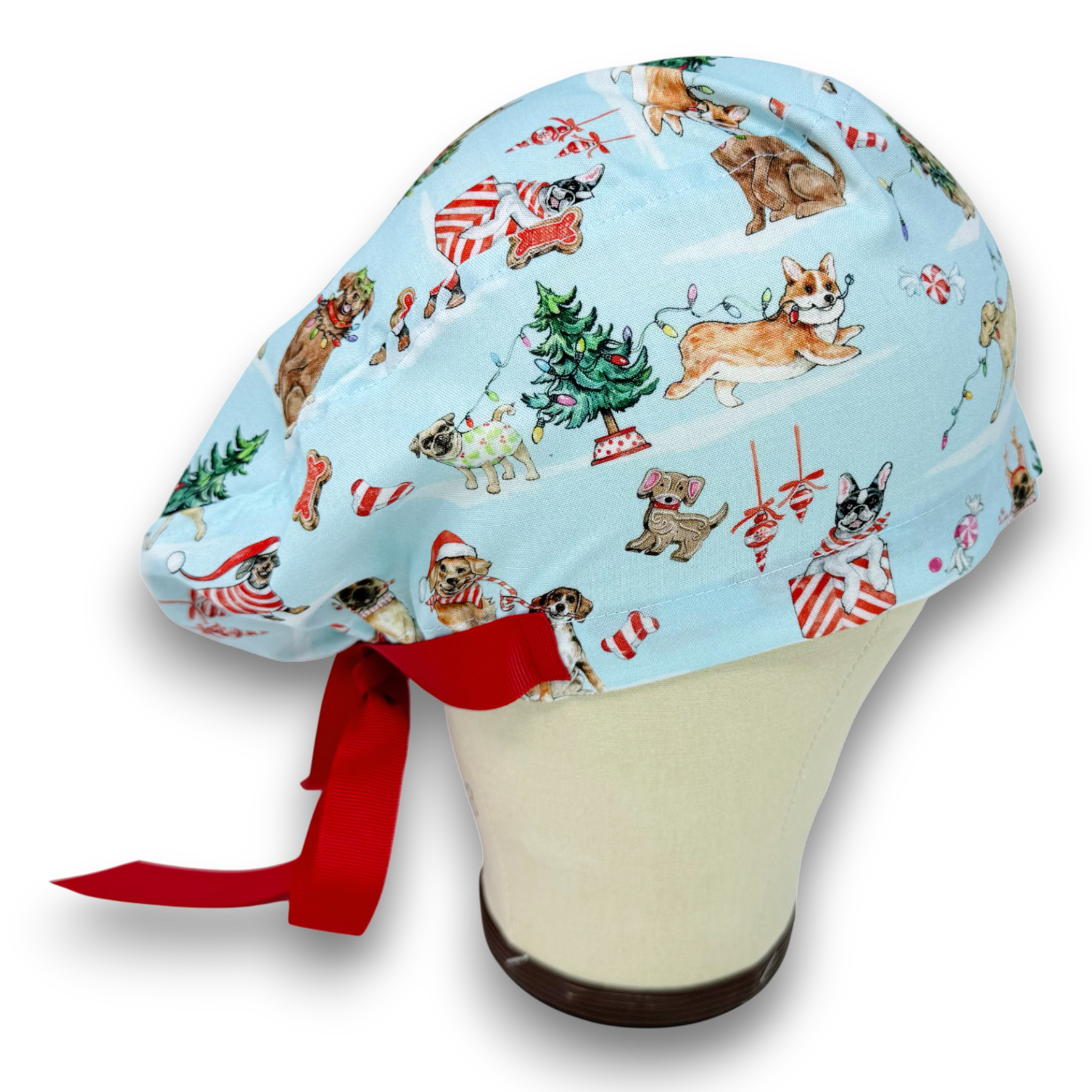 Christmas Dogs Euro scrub cap with ties for Women by Paradise Caps. Euro PLUS style.