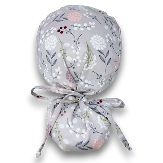 Flower Ponytail scrub cap for women with satin lined option by Paradise Caps.