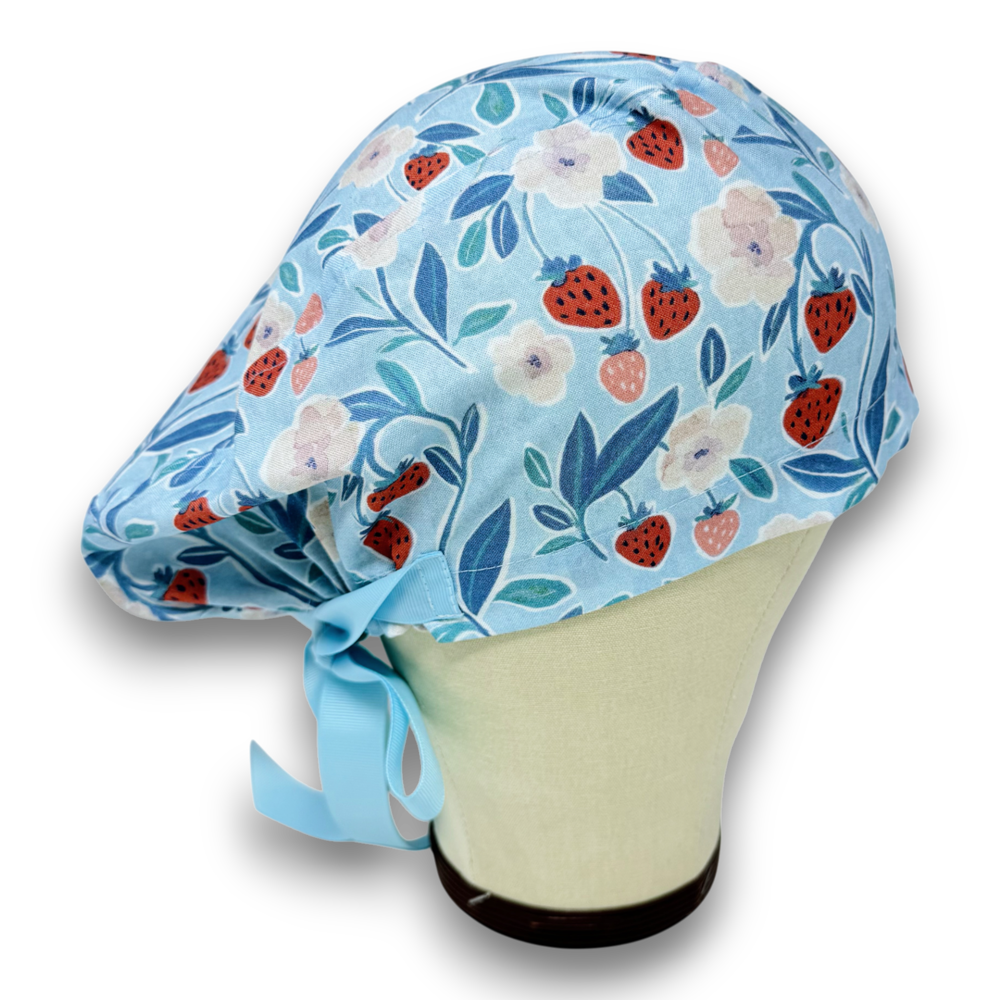 Strawberry Floral Euro scrub cap with ties for Women, Blue European Surgical cap with Satin Lined by Paradise Caps. Euro PLUS style.