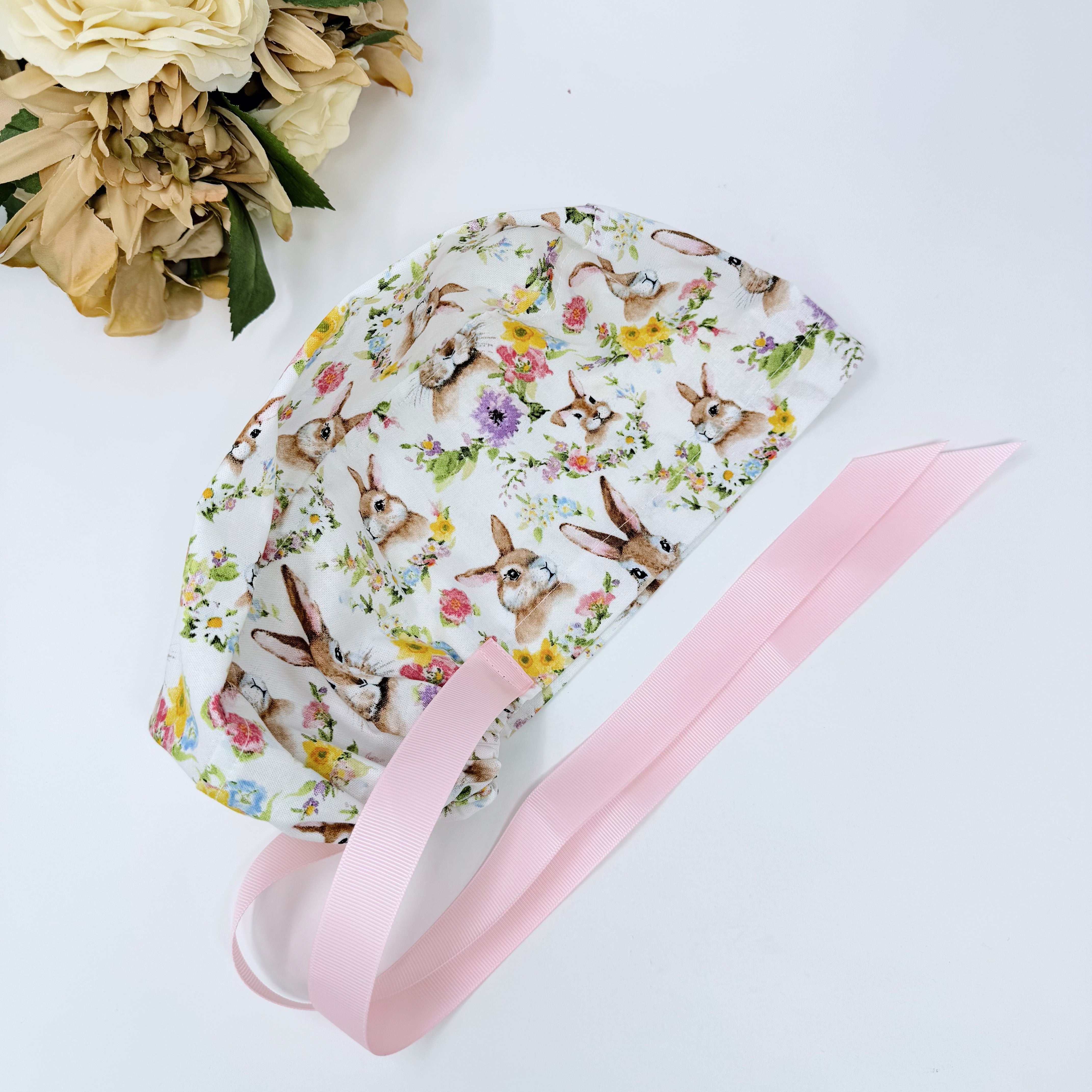 Easter Euro scrub cap with ties for Women, Bunny European Surgical cap with Satin Lined by Paradise Caps.