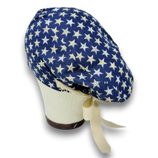 Euro scrub cap with ties for Women. Navy Blue Star European Surgical cap with Satin Lined by Paradise Caps. Euro PLUS style.