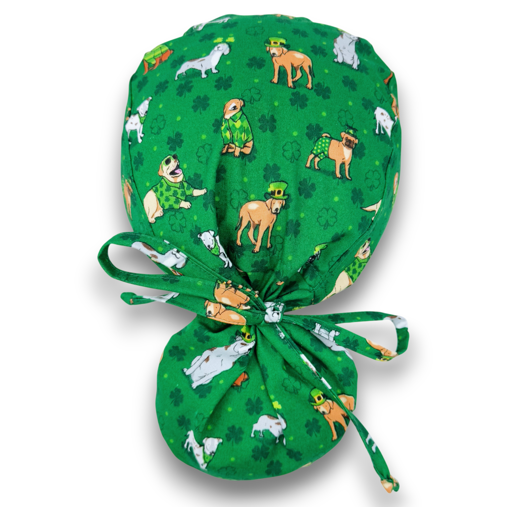 St. Patrick’s Day Ponytail scrub cap for women with satin lined option by Paradise Caps.