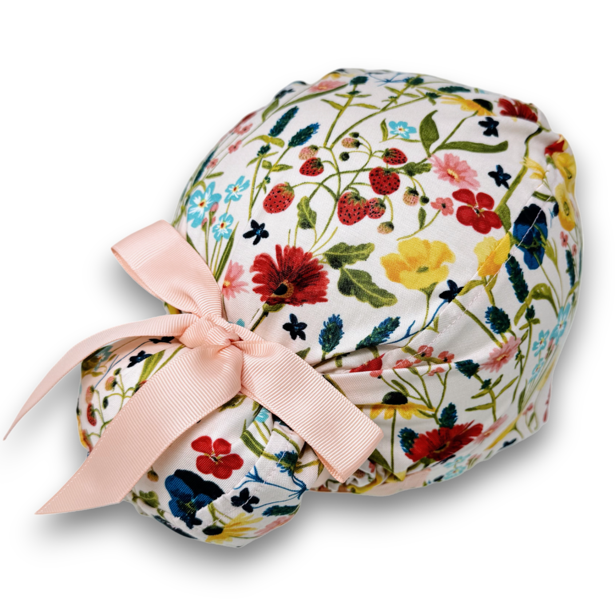 Red flower Euro scrub cap with ties for Women by Paradise Caps. Euro PLUS style.