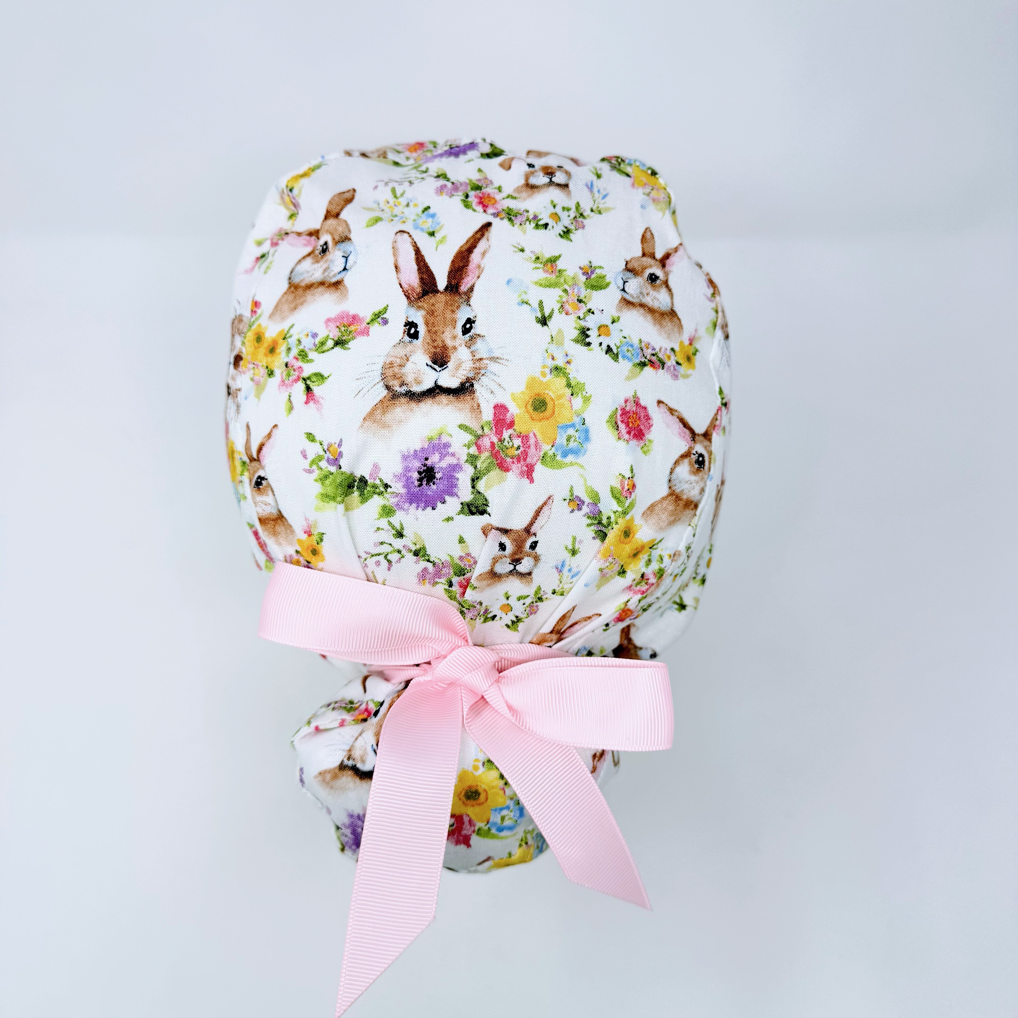 Easter Euro scrub cap with ties for Women, Bunny European Surgical cap with Satin Lined by Paradise Caps.