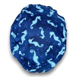 Euro scrub cap for women. Ocean Seahorse Print surgical hat with satin lined option by Paradise Caps.