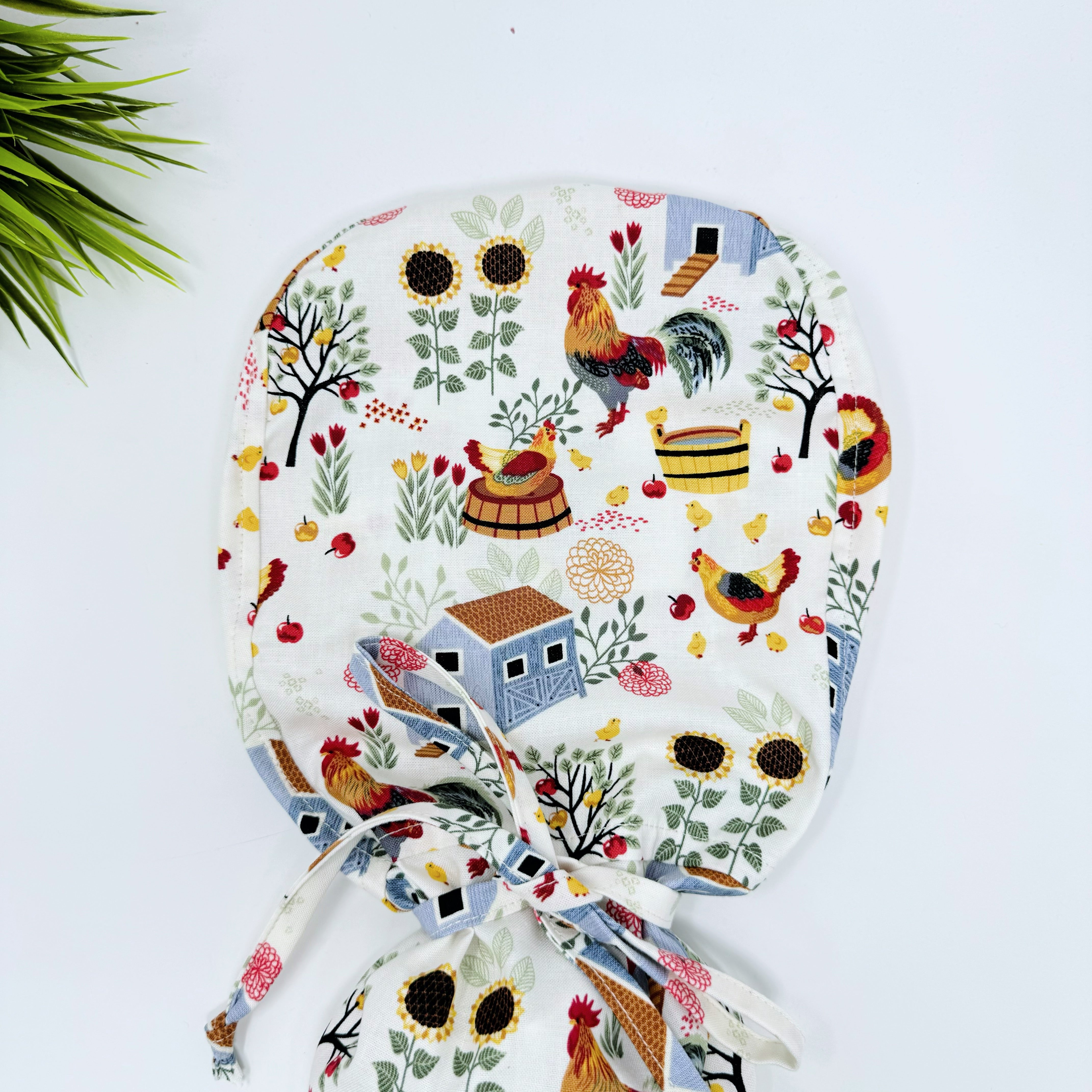 Chicken & Coop Ponytail scrub cap for women with satin lined option by Paradise Caps.