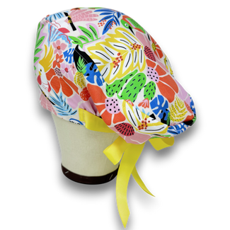 Euro scrub cap with ties for Women, Parrot Paradise European Surgical cap with Satin Lined option by Paradise Caps. Euro PLUS style.