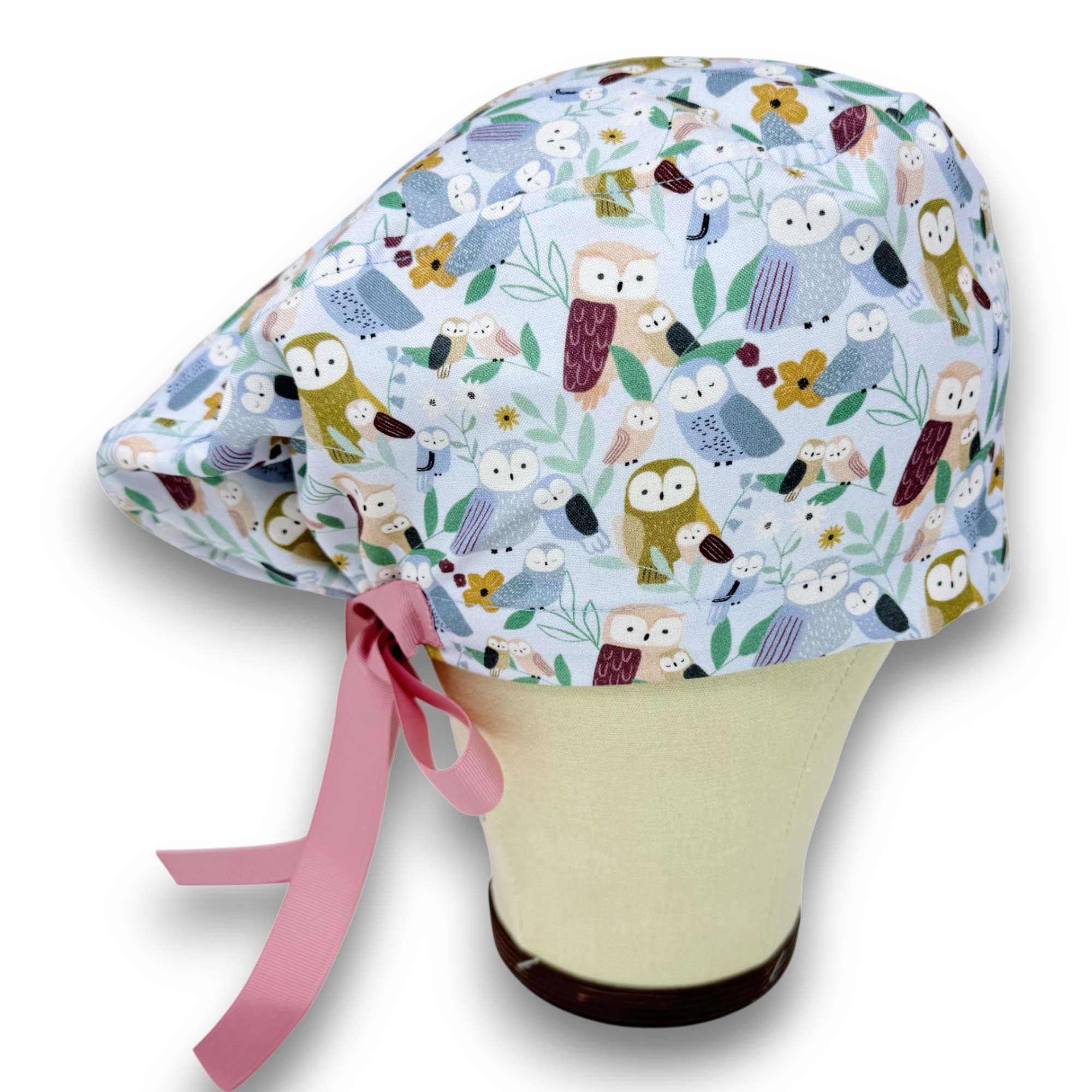 Owl Euro scrub cap with ties for Women by Paradise Caps. Euro PLUS style.