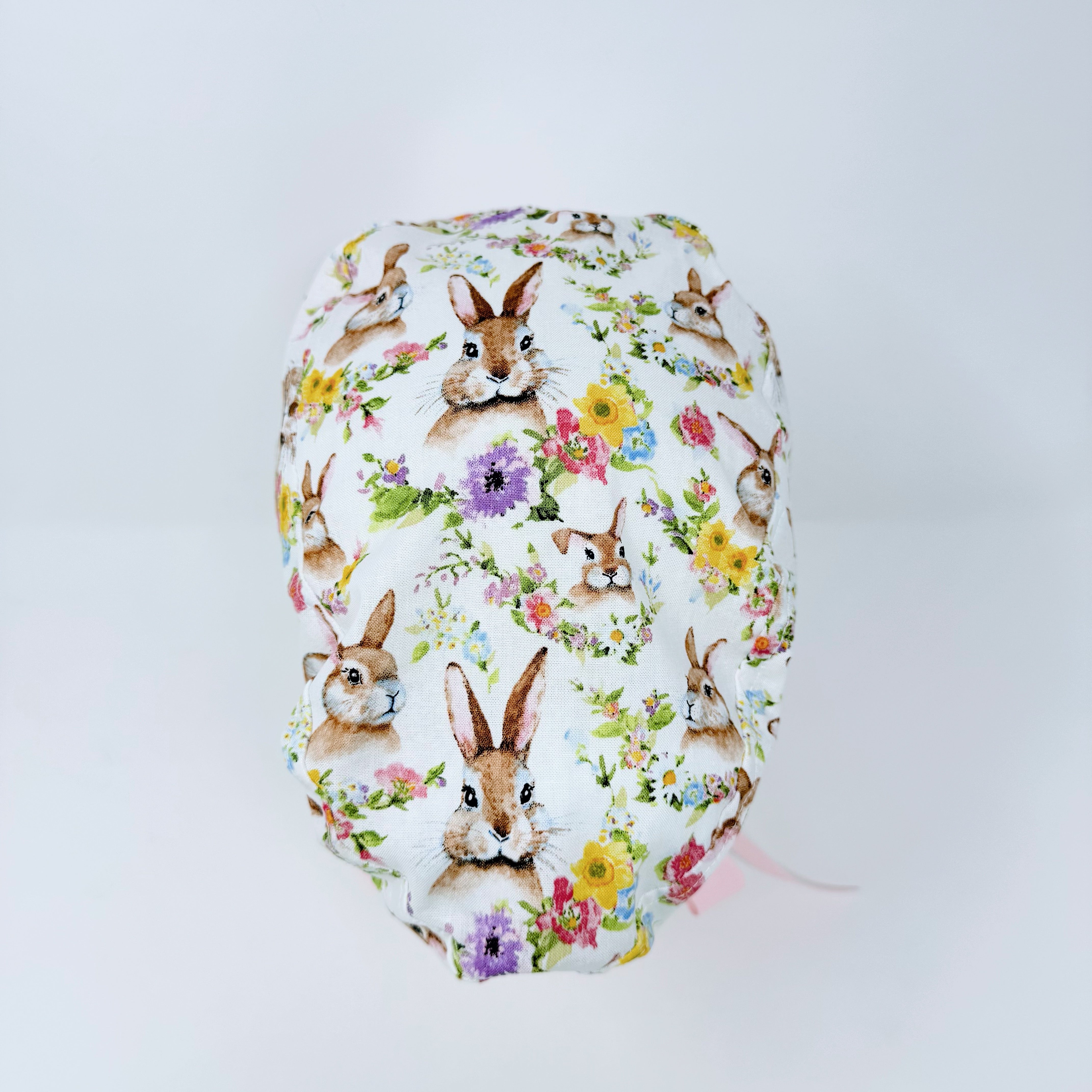 Easter Euro scrub cap with ties for Women, Bunny European Surgical cap with Satin Lined by Paradise Caps.