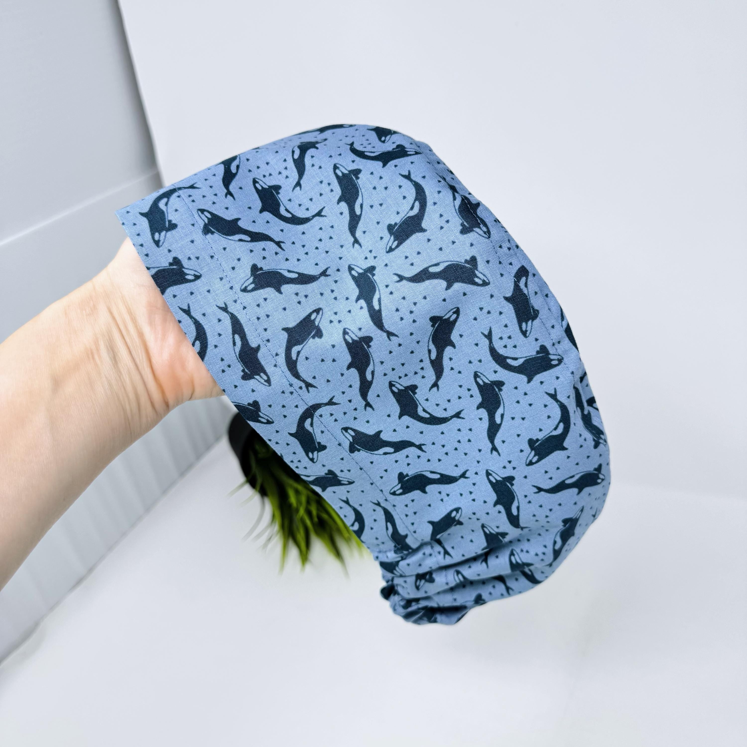 Ocean Orcas Euro scrub cap for women. Blue Sea surgical hap with satin lined option by Paradise Caps.