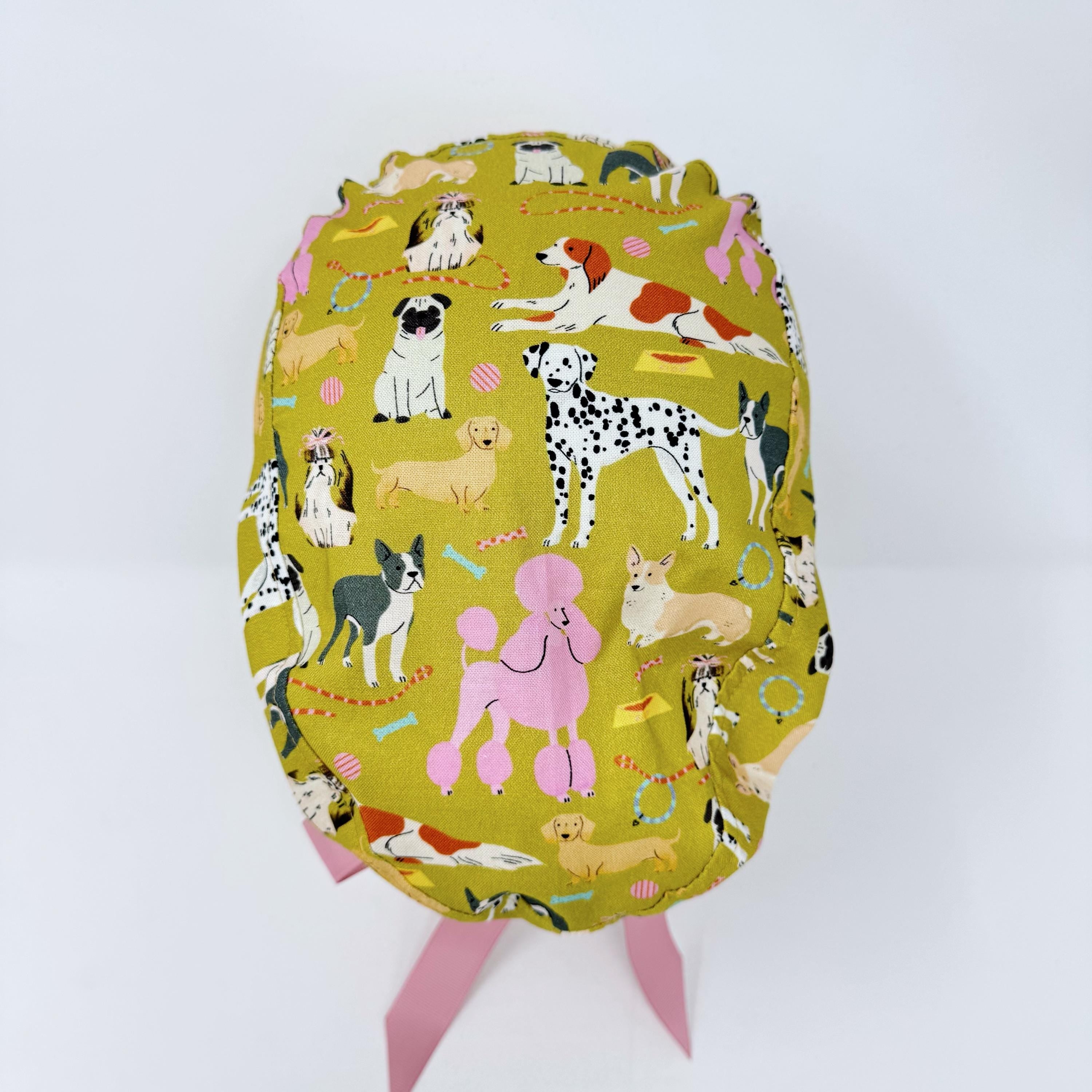 Dog Euro scrub cap with ties for Women, Funny European Surgical cap with Satin Lined Option by Paradise Caps. Euro PLUS style.