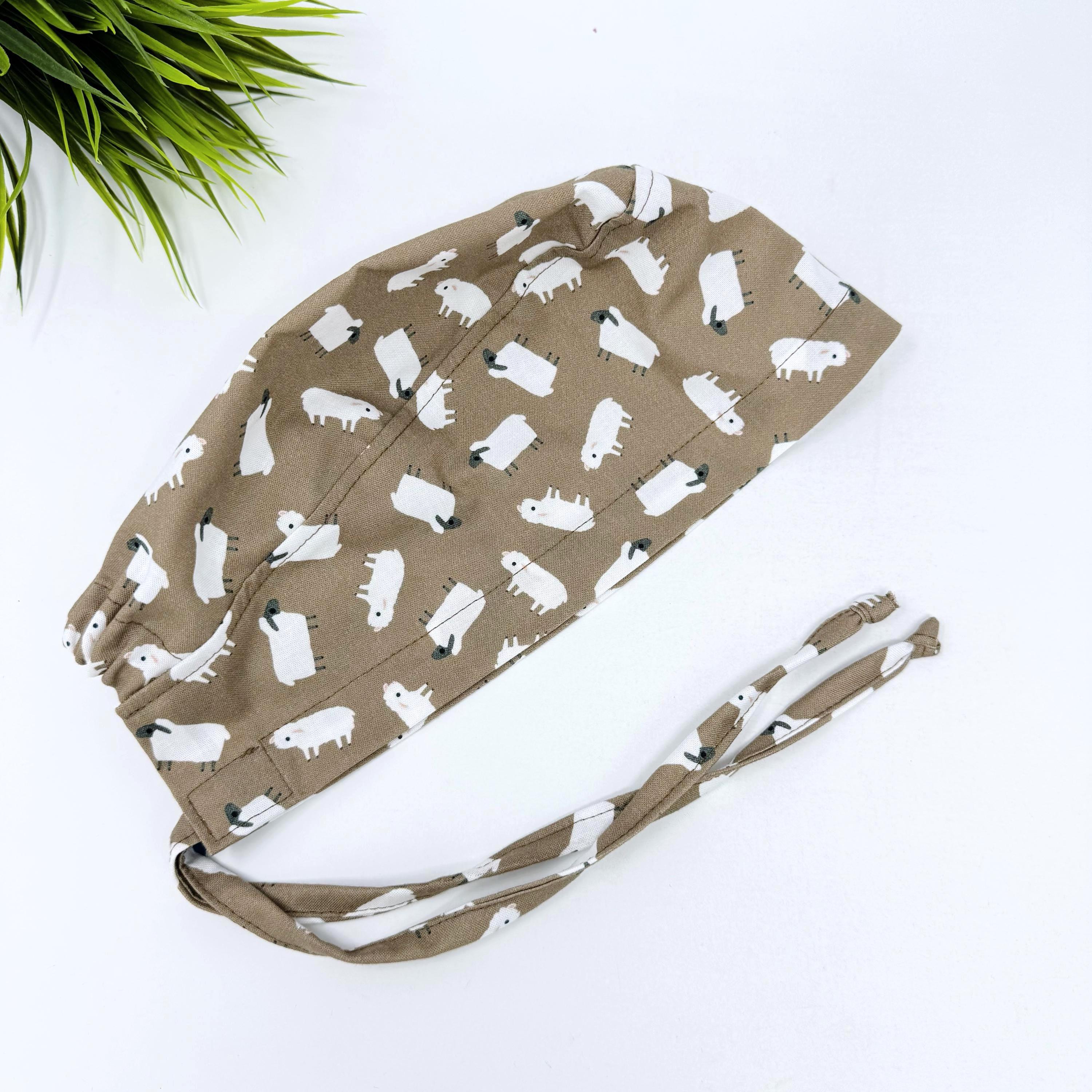 Sheep Men's surgical cap. Farm skull tie-back style scrub cap by Paradise Caps. Brown.