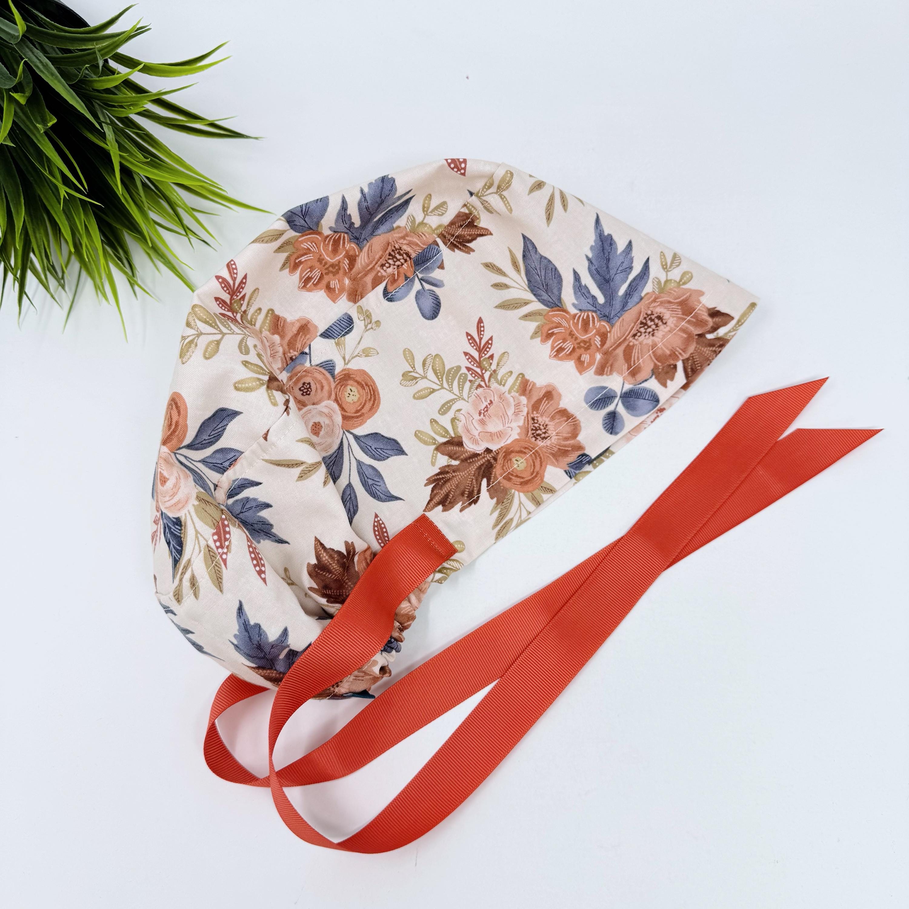 Floral Euro scrub cap with ties for Women. Fall European Surgical cap with Satin Lined Option by Paradise Caps. Euro PLUS style.