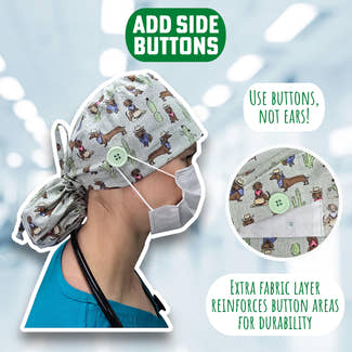 Chickens on ivory Ponytail scrub cap for women with satin lined option by Paradise Caps.