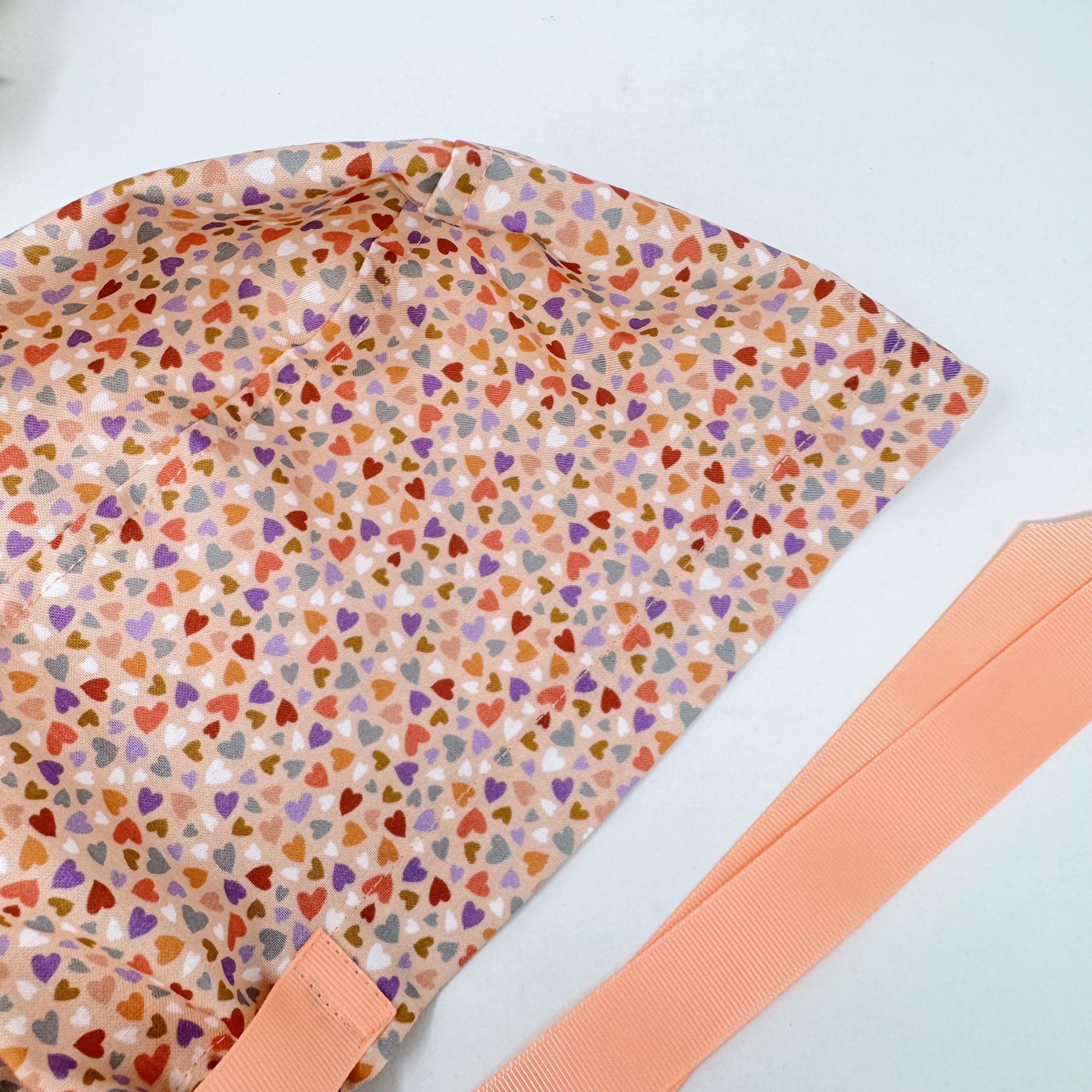 Colorful Hearts Euro scrub cap with ties for Women, Pink European Surgical cap with Satin Lined by Paradise Caps.