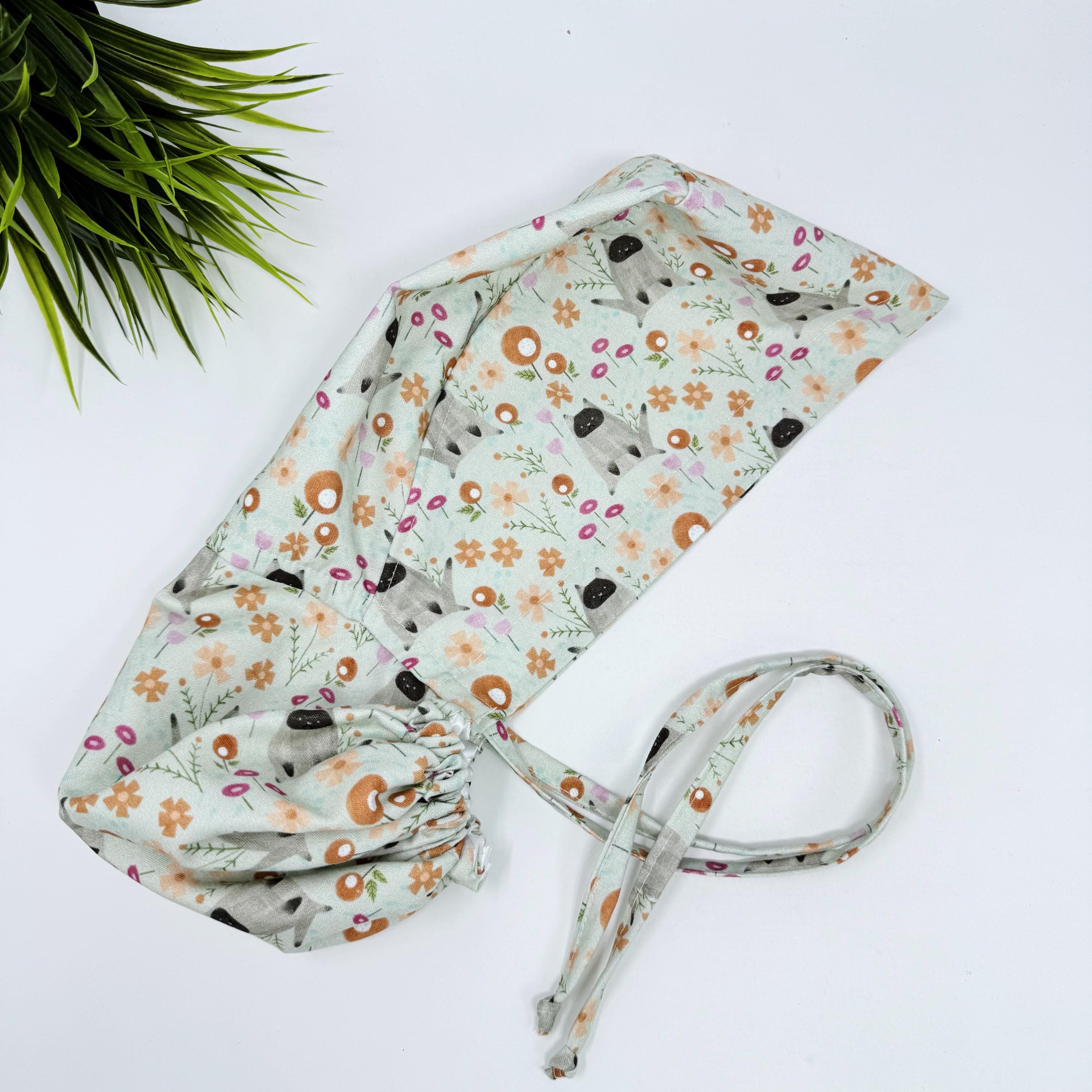 Cat Ponytail scrub cap by ParadiseCaps. Surgical cap for women with satin lined option. Funny scrub hat for women.
