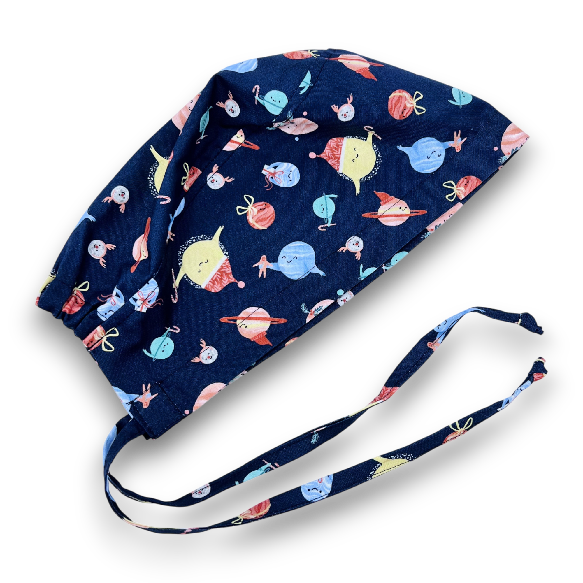 Holiday planet Skull tie-back style surgical scrub cap by Paradise Caps.