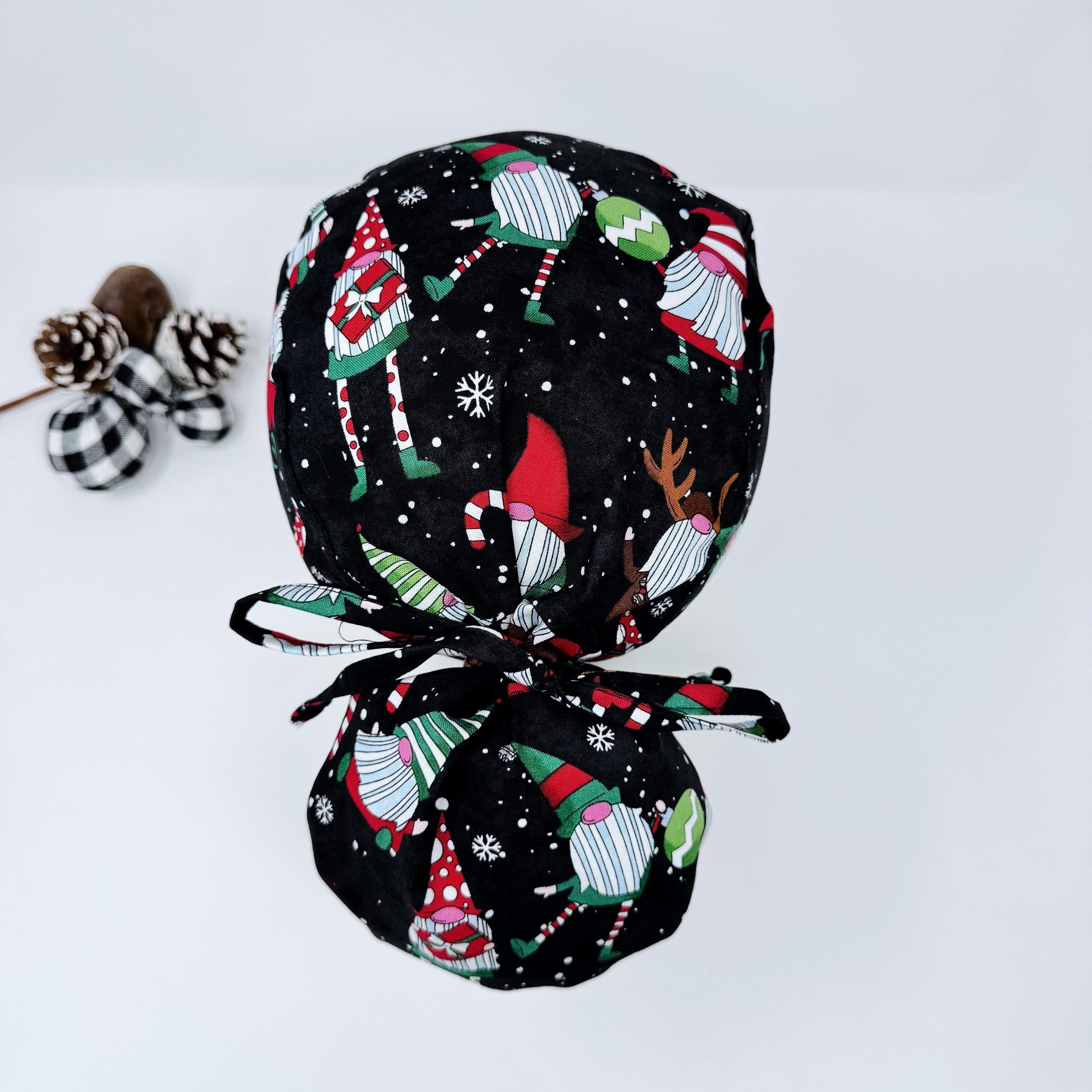 Christmas Ponytail scrub cap. Gnomes Surgical cap for women, Satin Lined ponytail hat by Paradise Caps. Black