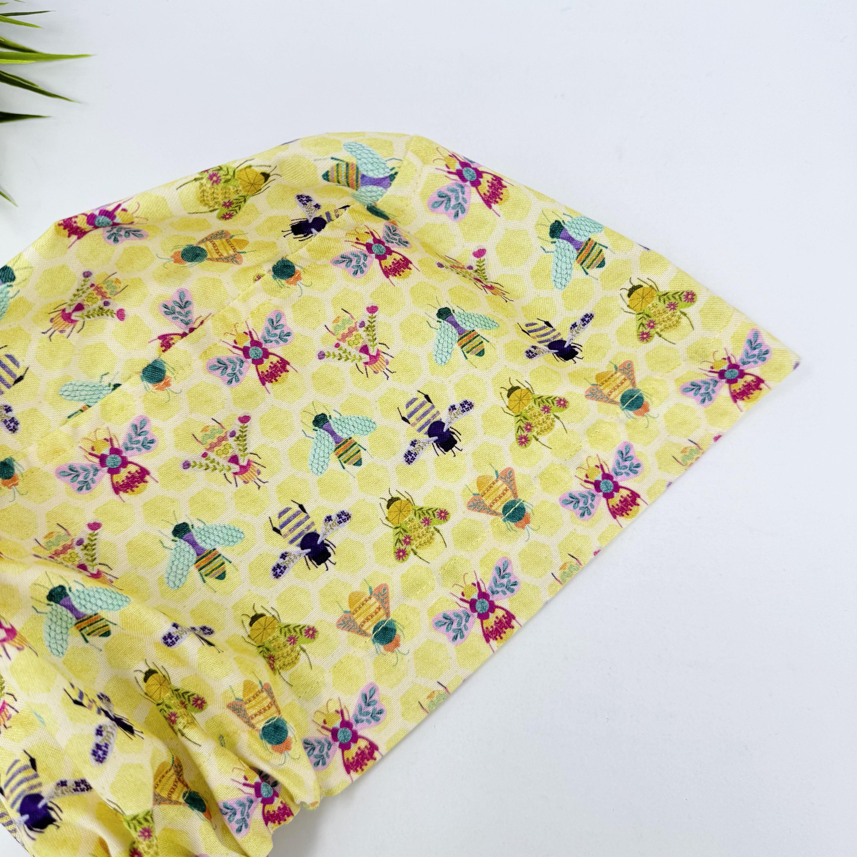 Bee Euro scrub cap for women, Yellow European surgical cap satin lined by Paradise Caps.