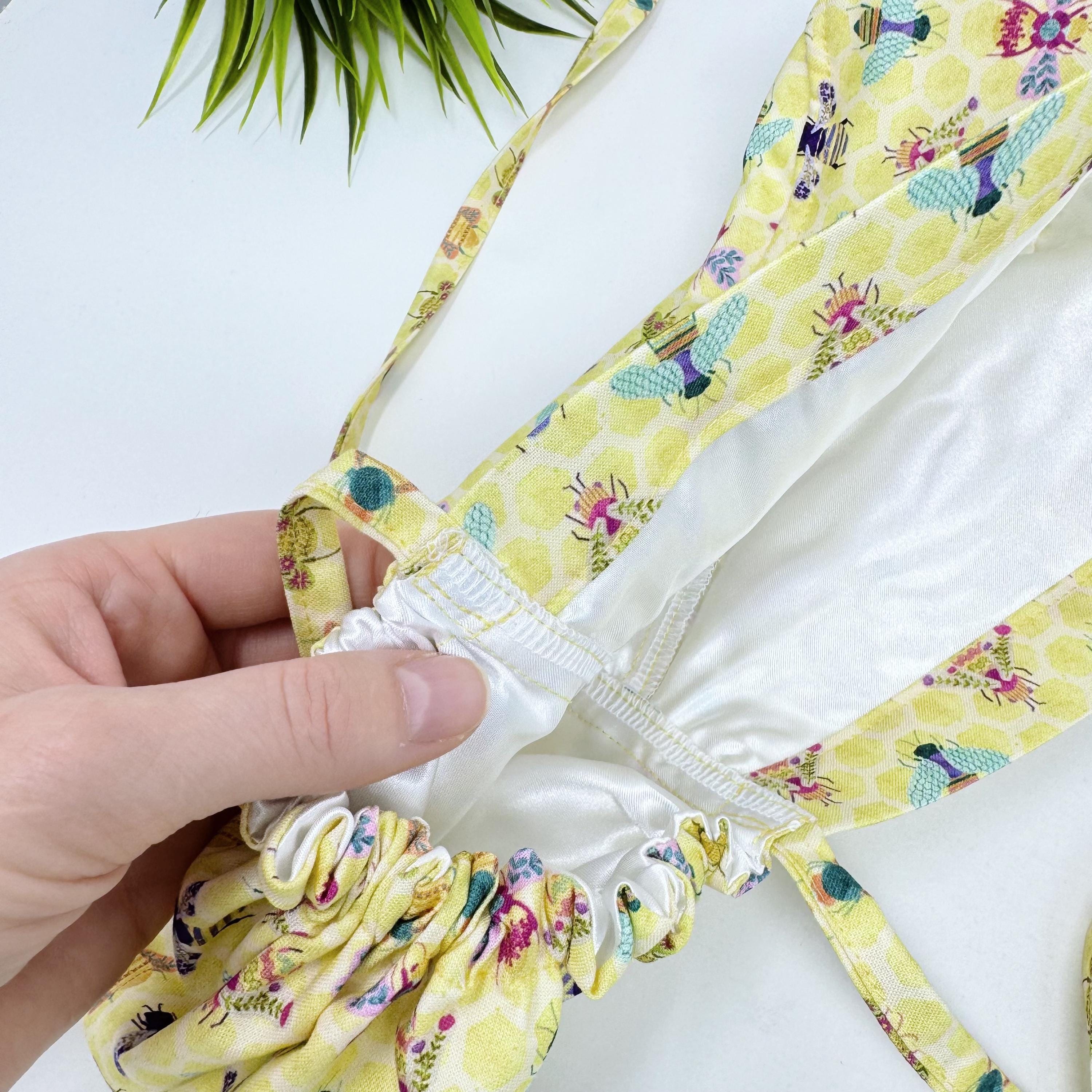 Bee Ponytail scrub cap for women with satin lined option, Yellow Surgical cap with ponytail by Paradise Caps.