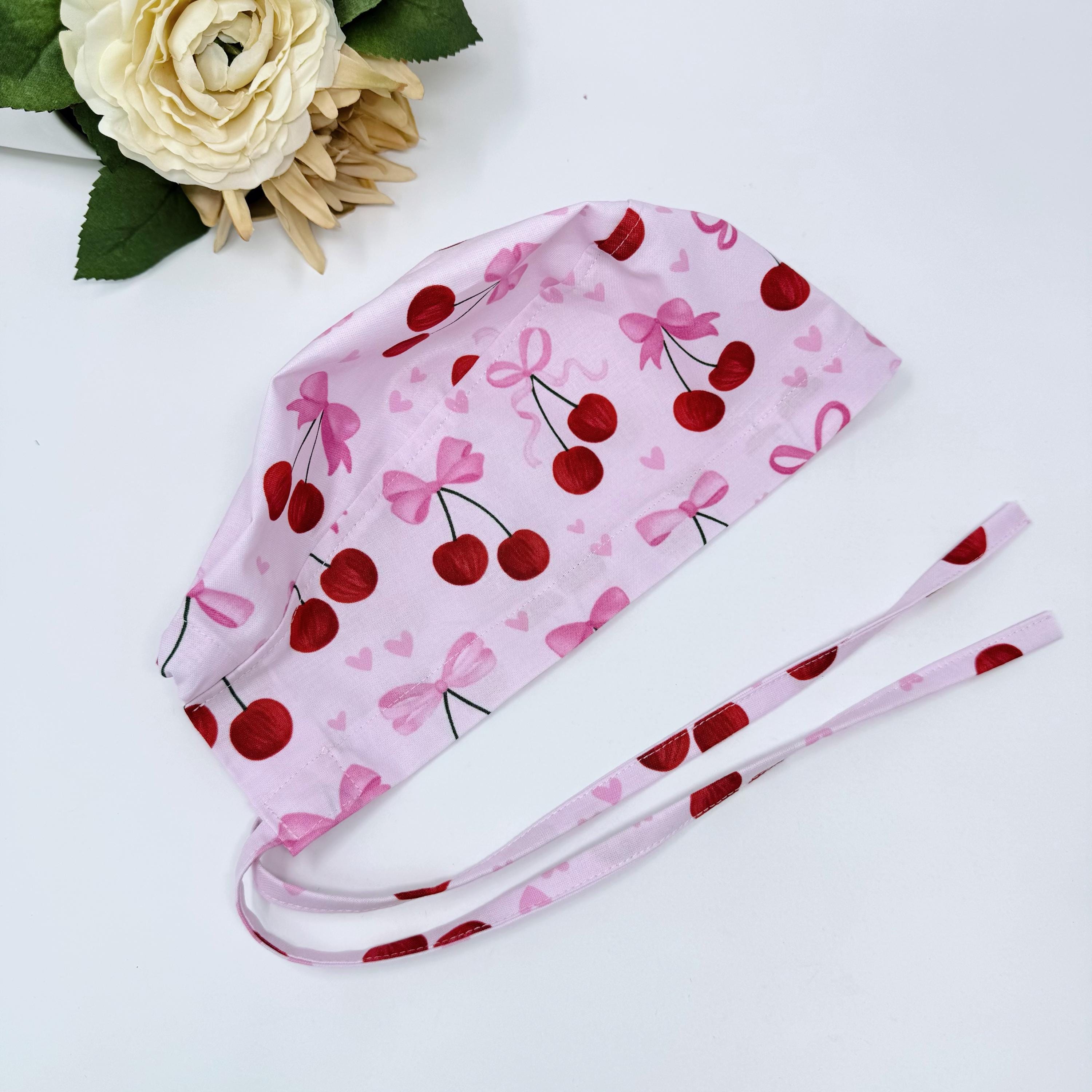 Valentine's day scrub Cap men. Cherries surgical hat. Men's skull tie-back style by Paradise Caps.