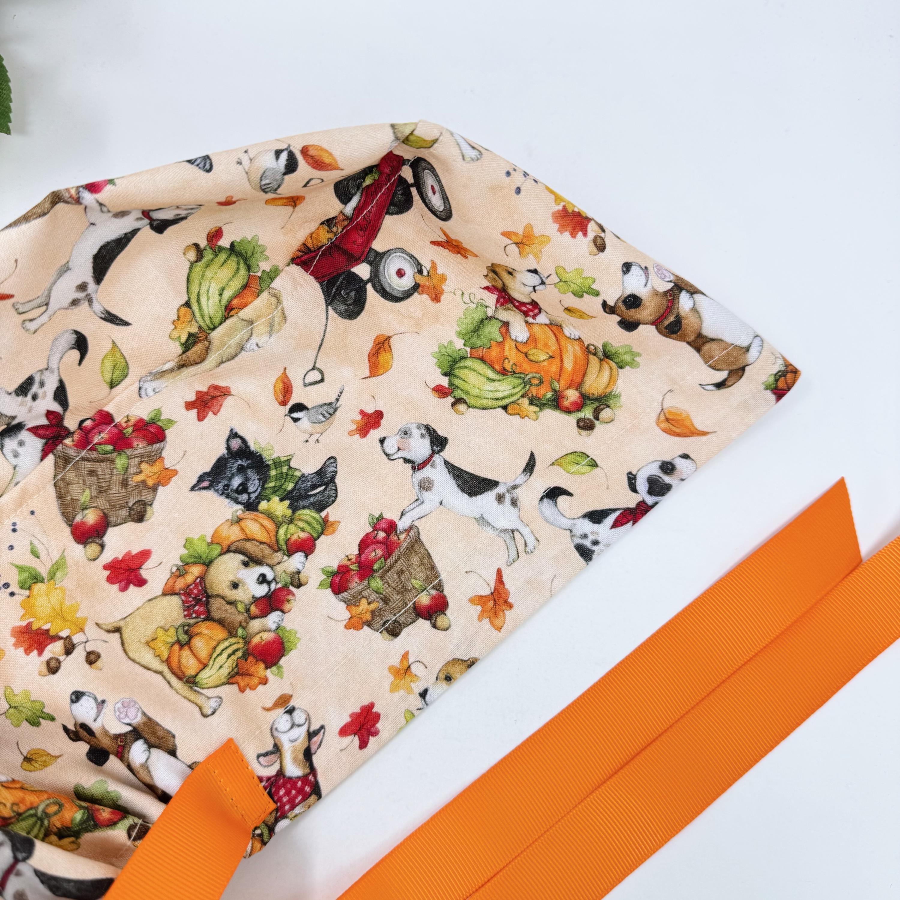 Pumpkin Euro scrub cap with ties for Women, Dog European Surgical cap with Satin Lined Option by Paradise Caps. Thanksgiving Euro PLUS style
