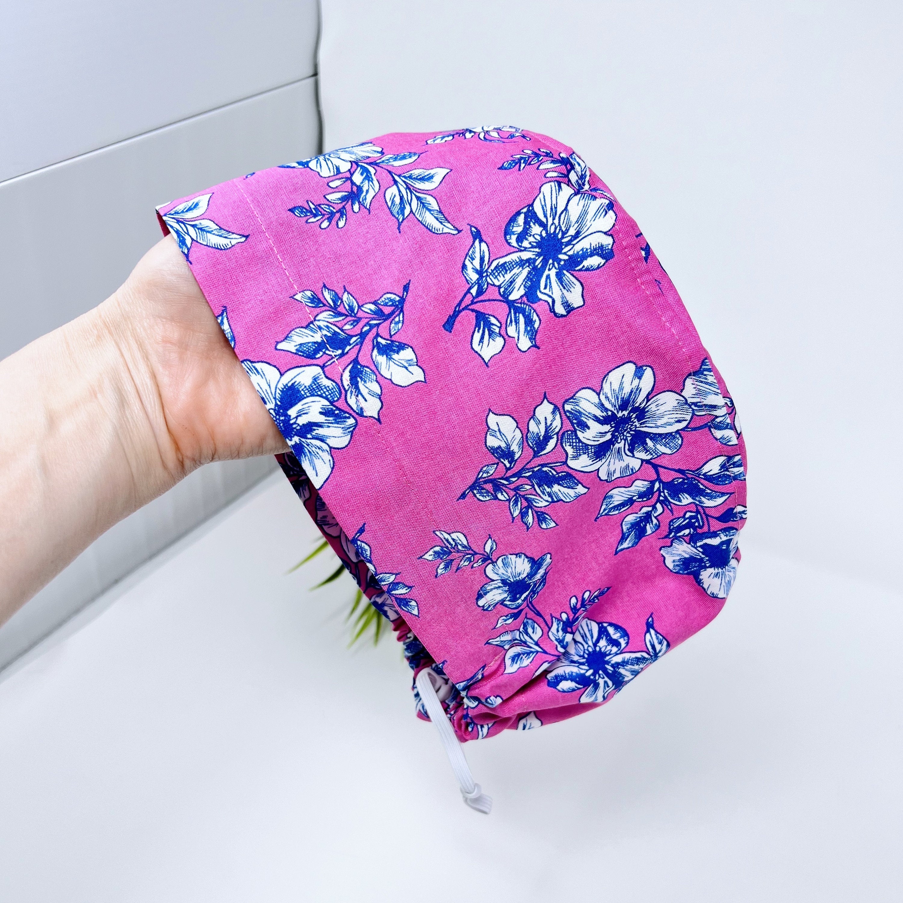 Blue Flower Euro Scrub Cap for Women, Floral European satin lined surgical cap by Paradise Caps.