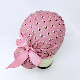 Bee Euro scrub cap with ties for Women, Pink European Surgical cap with Satin Lined Option by Paradise Caps. Euro PLUS style.