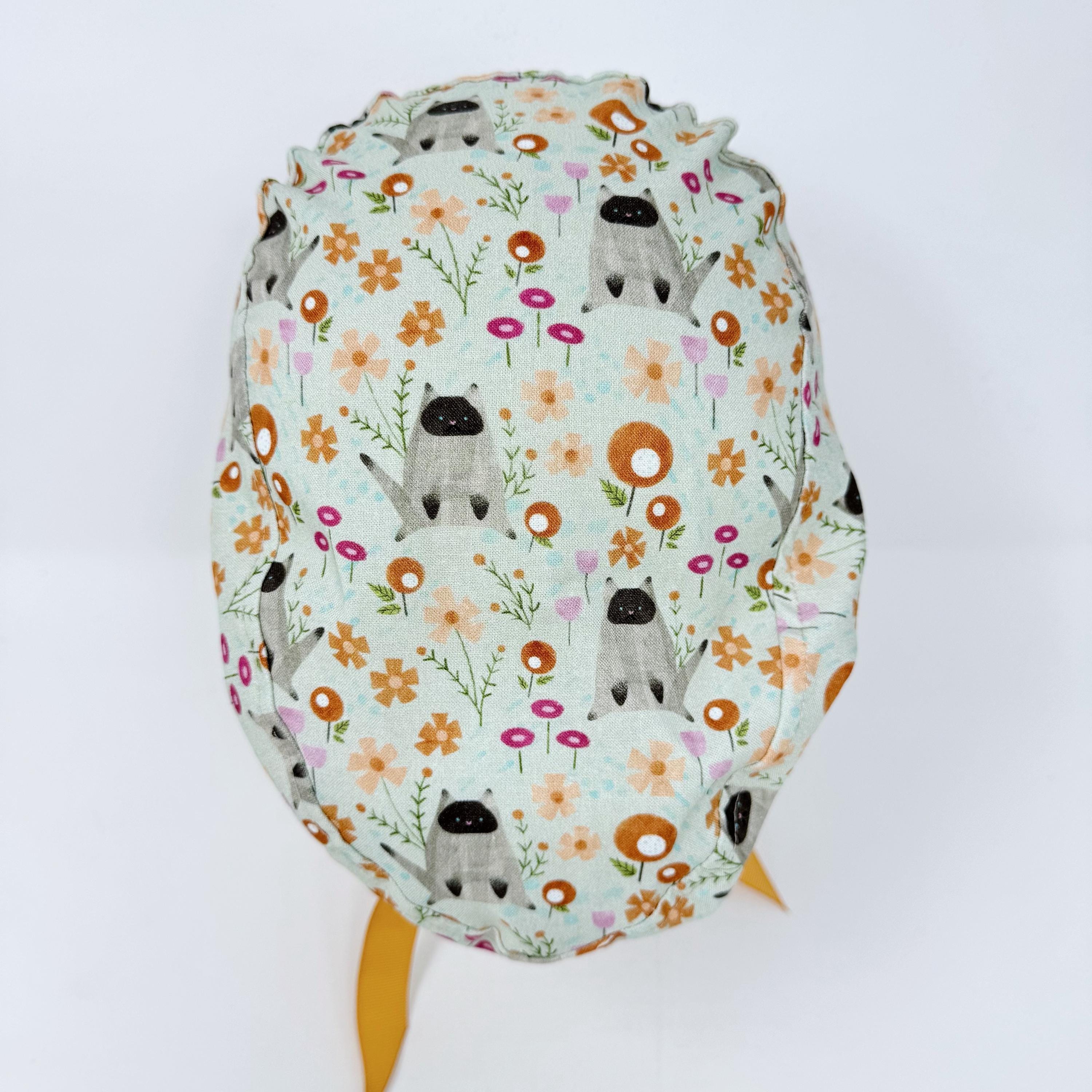 Cat Euro scrub cap with ties for Women, Summer European Surgical cap with Satin Lined Option by Paradise Caps. Euro PLUS style.