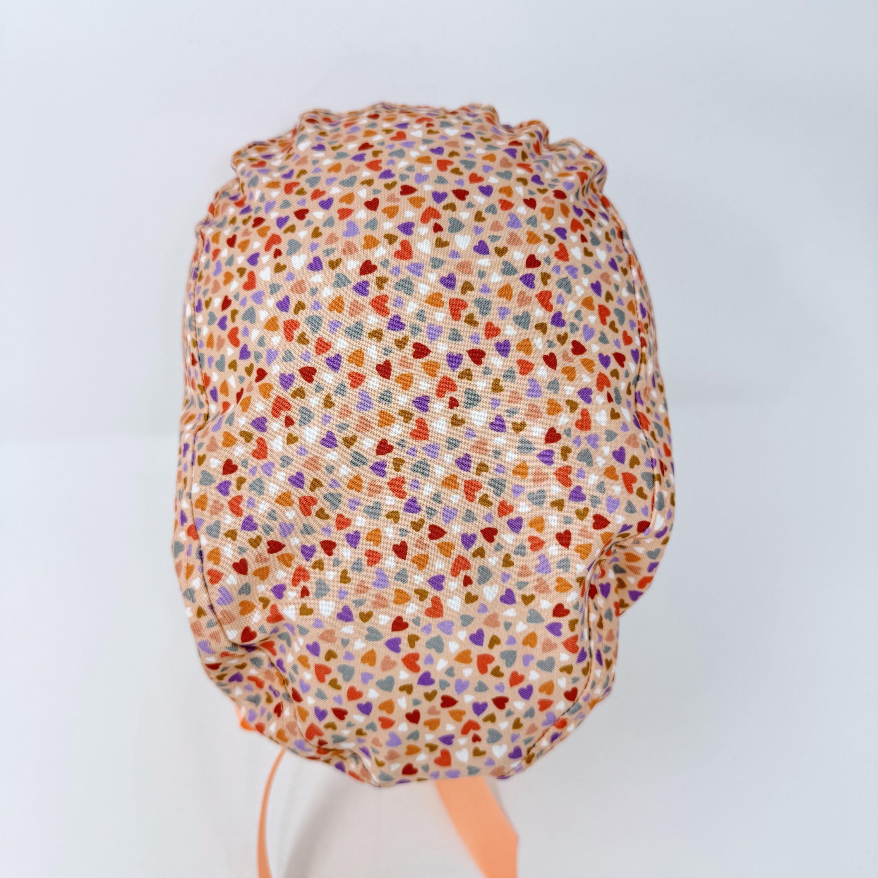 Colorful Hearts Euro scrub cap with ties for Women, Pink European Surgical cap with Satin Lined by Paradise Caps.