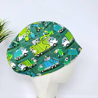 Euro scrub cap for women. Garbage Truck Raccoon European satin lined surgical cap by Paradise Caps.