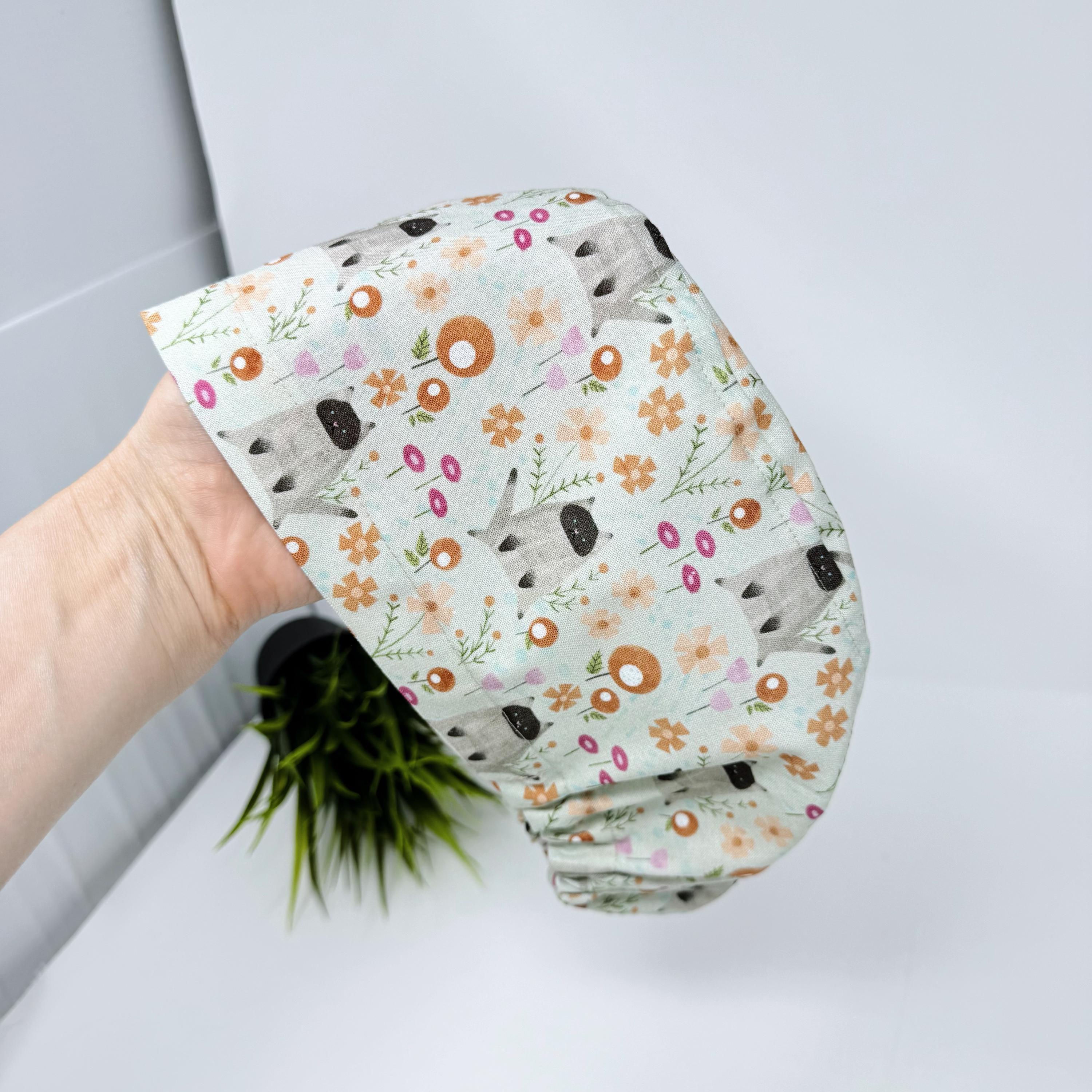Cat Euro scrub cap for women, Summer surgical cap with satin lined by Paradise Caps.
